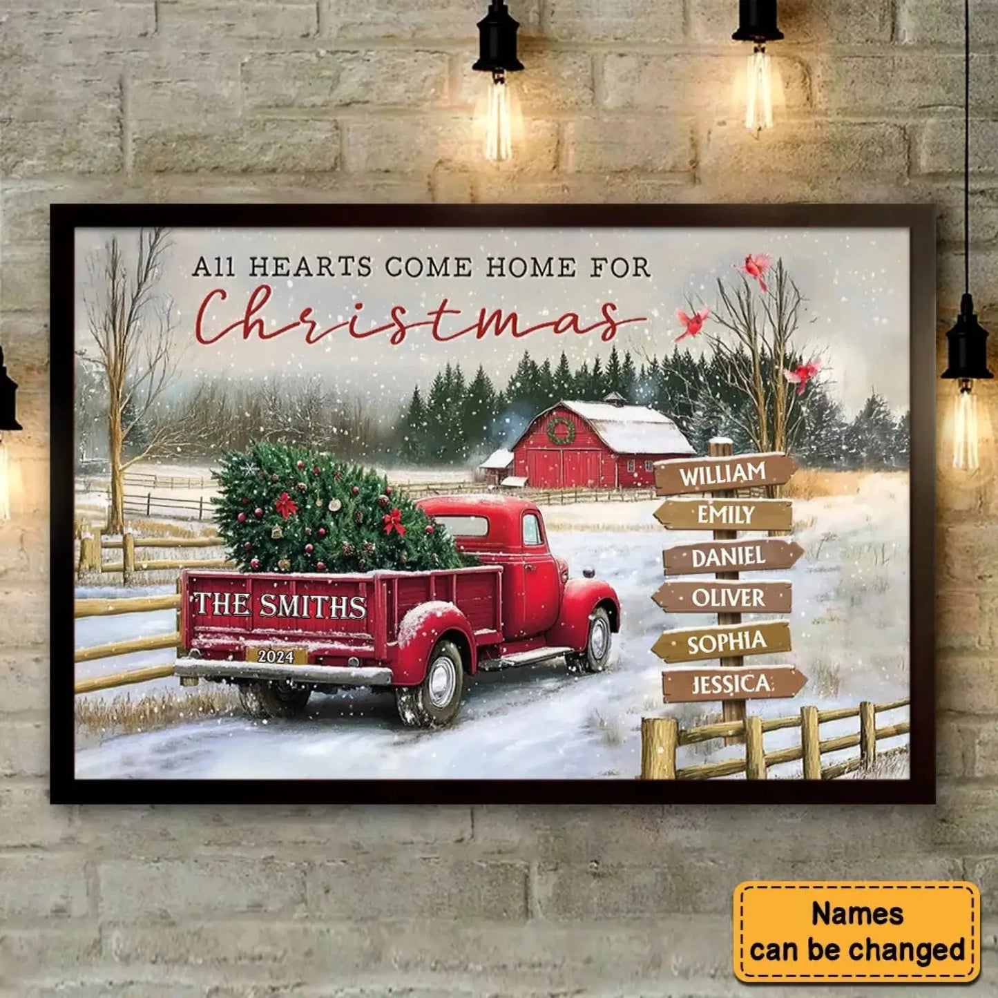 Personalized Family Christmas Truck Canvas or Poster – Custom Names on Signpost, Vintage Winter Farm Scene Holiday Wall Art Ezcustomize
