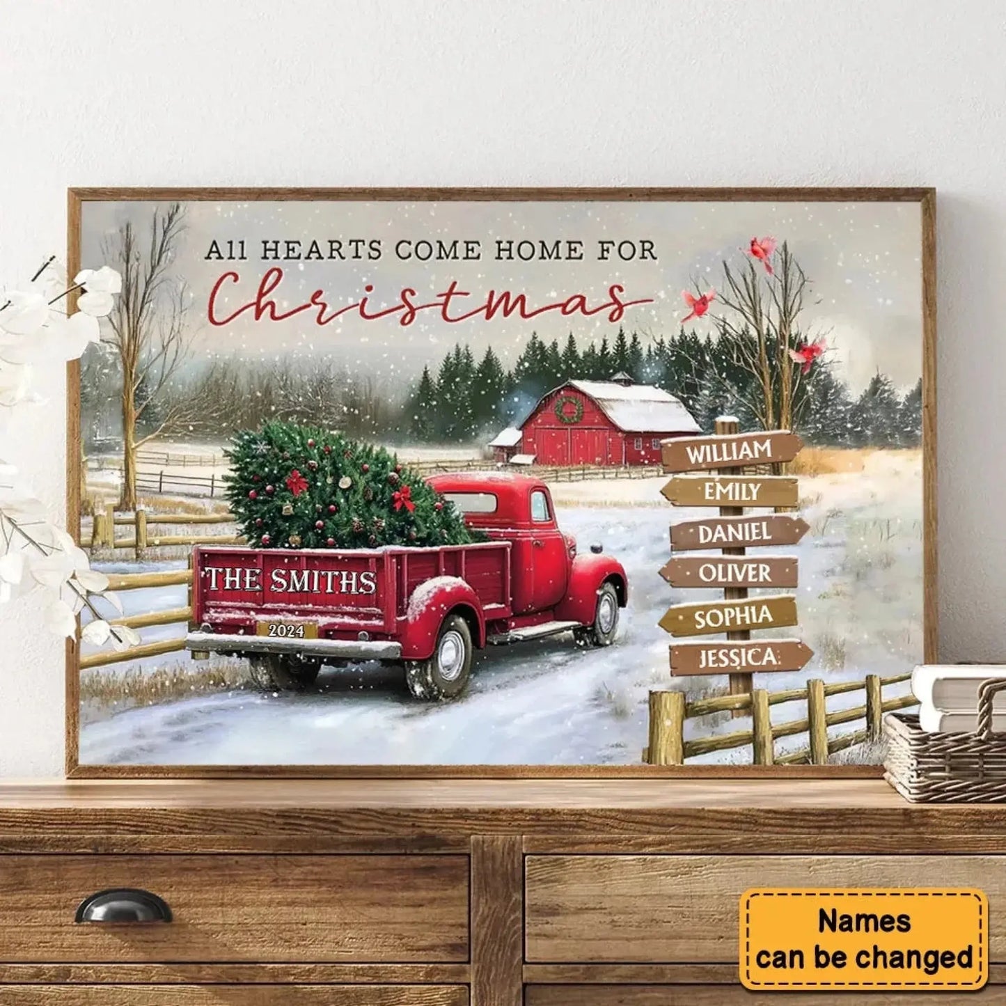 Personalized Family Christmas Truck Canvas or Poster – Custom Names on Signpost, Vintage Winter Farm Scene Holiday Wall Art Ezcustomize