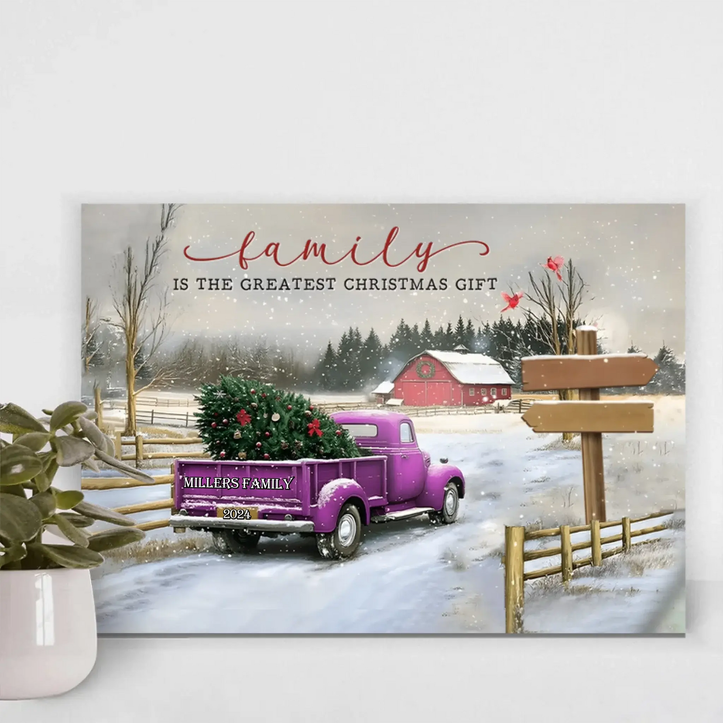 Personalized Family Christmas Truck Canvas or Poster – Custom Names on Signpost, Vintage Winter Farm Scene Holiday Wall Art Ezcustomize