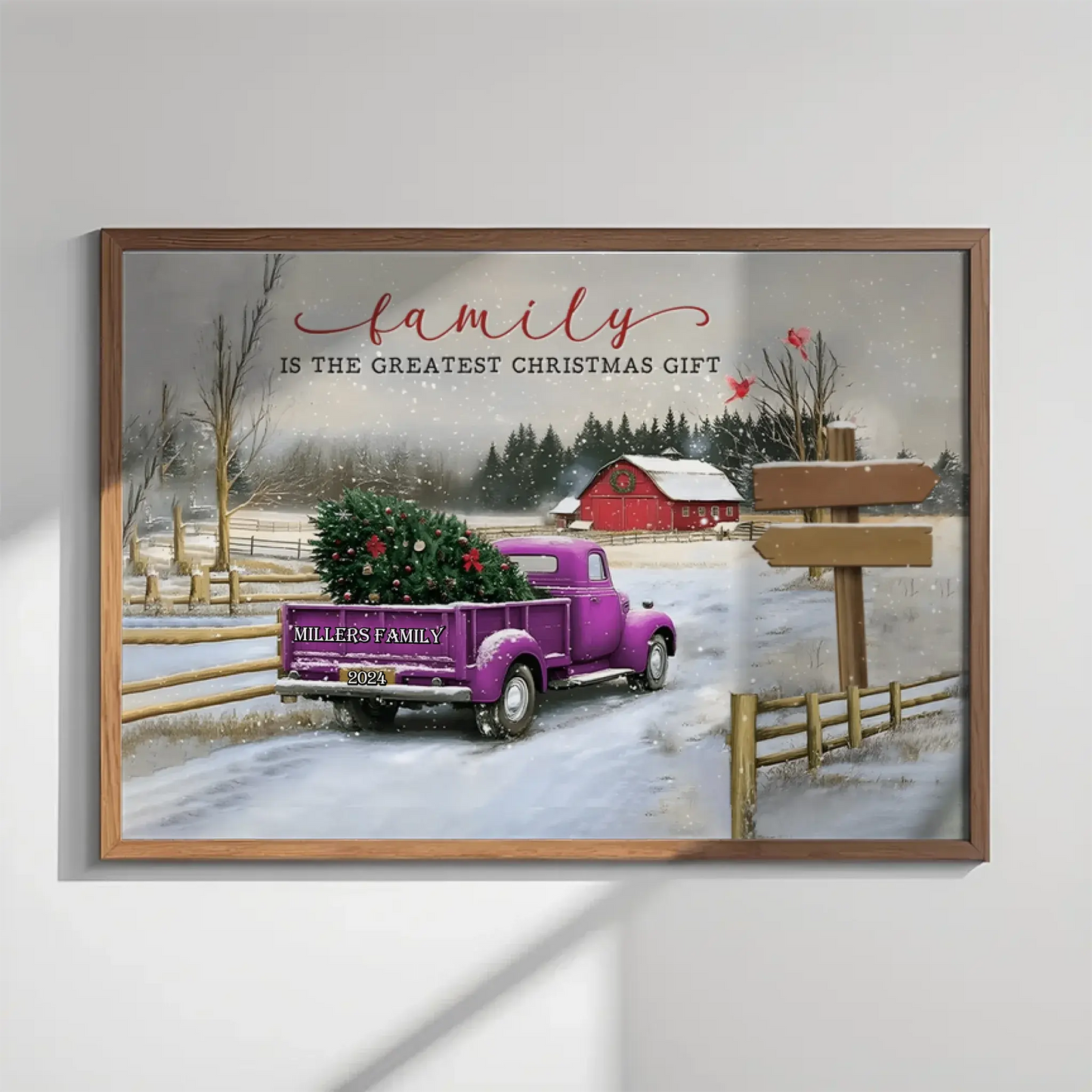Personalized Family Christmas Truck Canvas or Poster – Custom Names on Signpost, Vintage Winter Farm Scene Holiday Wall Art Ezcustomize
