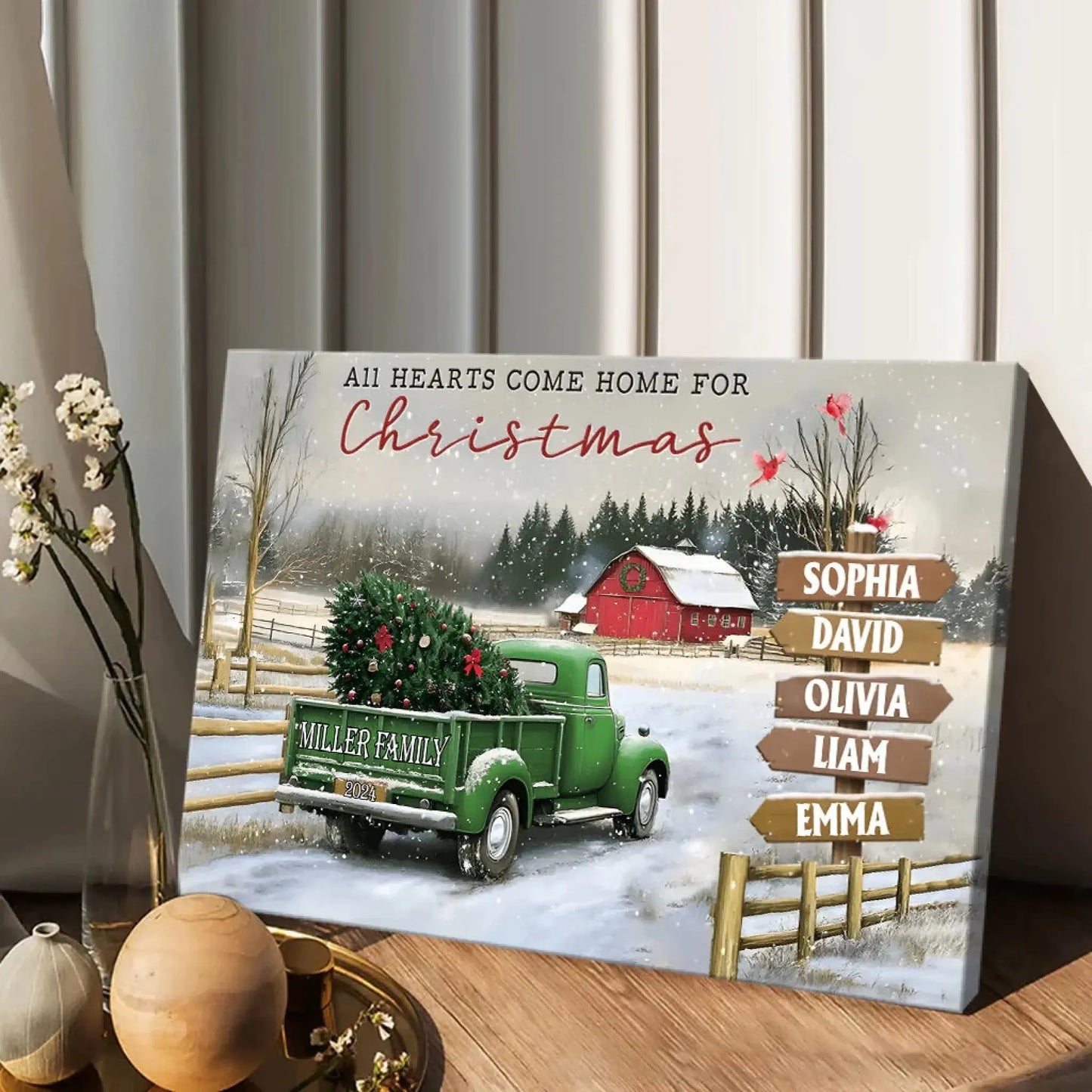 Personalized Family Christmas Truck Canvas or Poster – Custom Names on Signpost, Vintage Winter Farm Scene Holiday Wall Art Ezcustomize