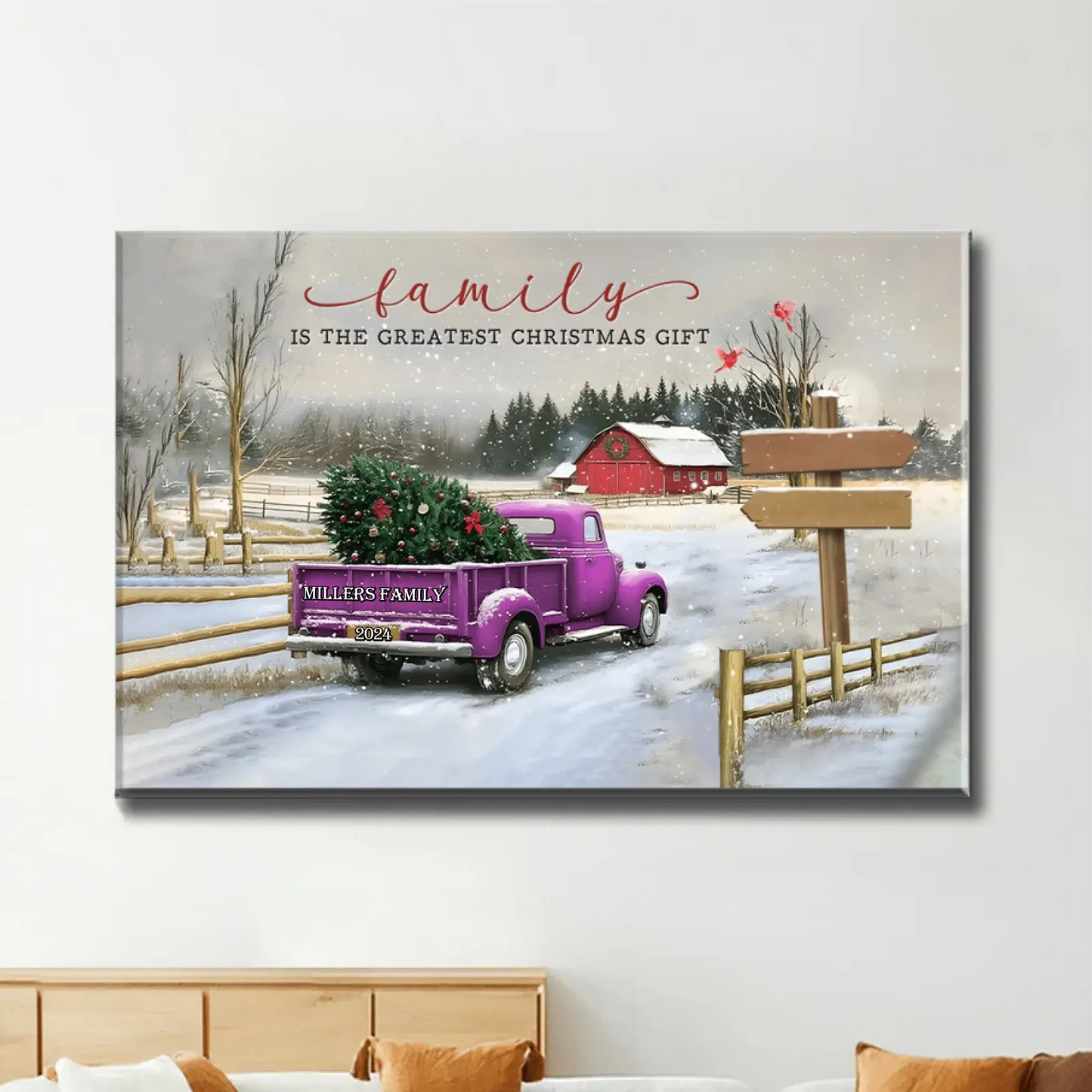 Personalized Family Christmas Truck Canvas or Poster – Custom Names on Signpost, Vintage Winter Farm Scene Holiday Wall Art Ezcustomize
