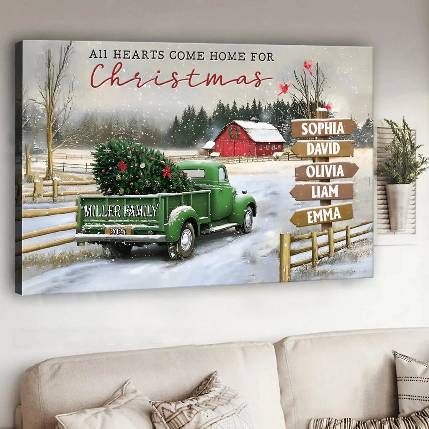 Personalized Family Christmas Truck Canvas or Poster – Custom Names on Signpost, Vintage Winter Farm Scene Holiday Wall Art Ezcustomize
