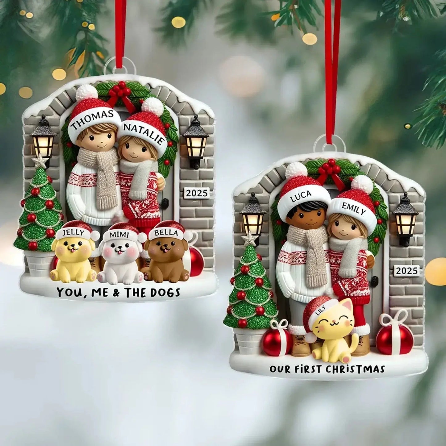 Personalized Farmhouse Couple Christmas Ornament with Optional Pet Dog Cat, Christmas Gift for Him, Gift for Her Ezcustomize