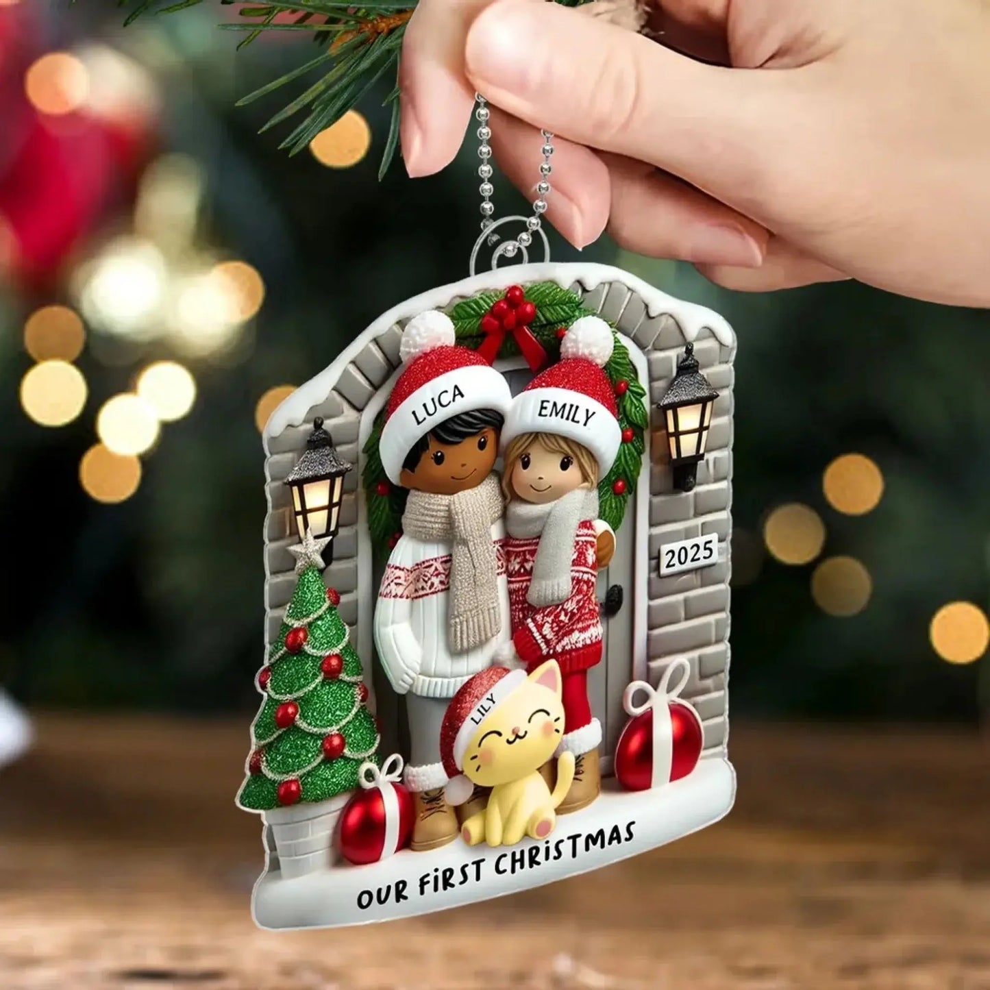 Personalized Farmhouse Couple Christmas Ornament with Optional Pet Dog Cat, Christmas Gift for Him, Gift for Her Ezcustomize