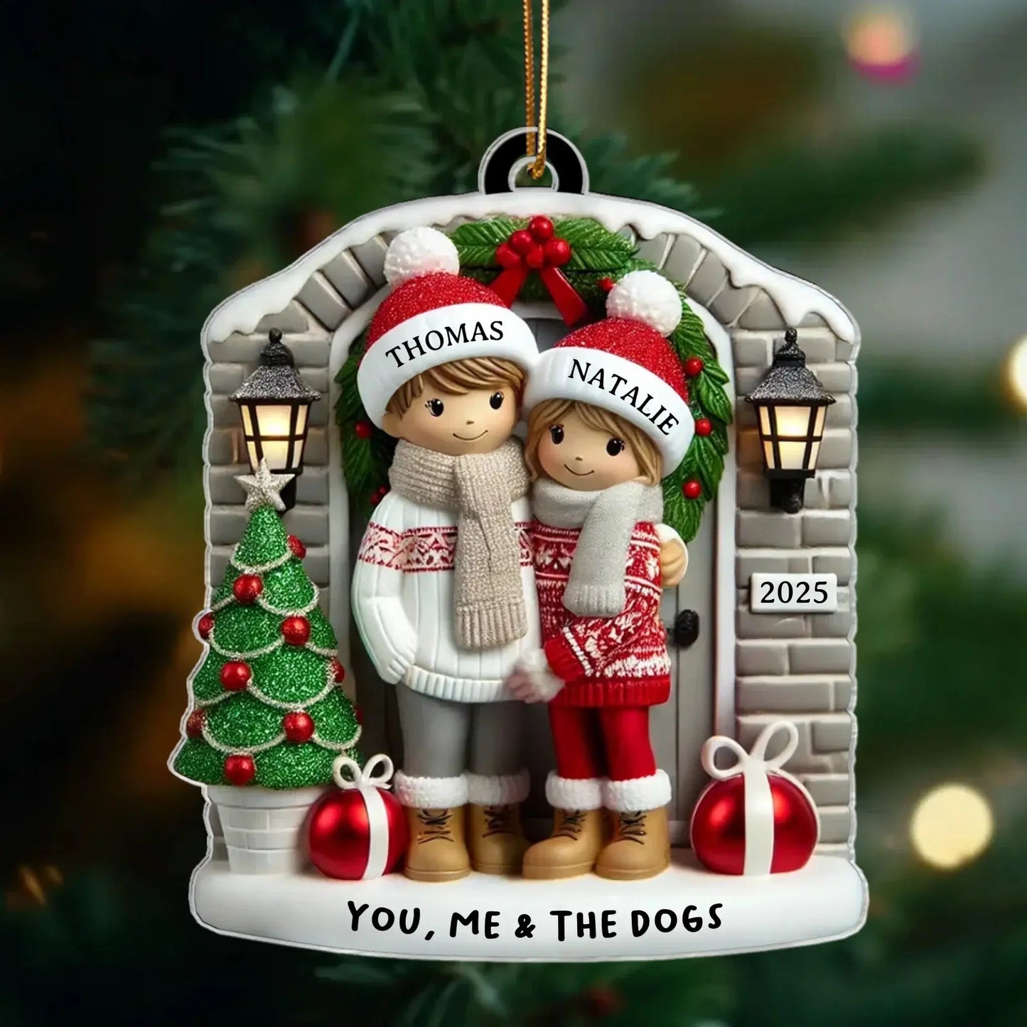 Personalized Farmhouse Couple Christmas Ornament with Optional Pet Dog Cat, Christmas Gift for Him, Gift for Her Ezcustomize