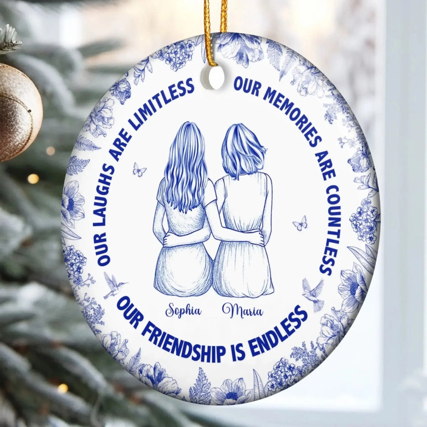 Personalized Friendship Ceramic Ornament – Our Laughs Are Limitless Quote, Custom Toile De Jouy Christmas Gift for Best Friends, Sisters Ezcustomize