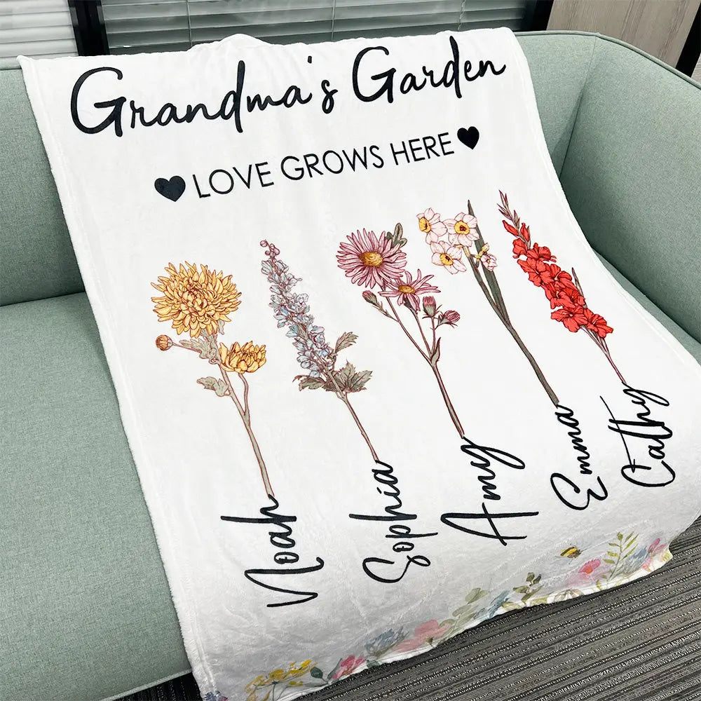 Personalized Gift Ideas For Mom, Grandma - Mom/Grandma's Garden Birth Month Flower Blanket Ezcustomize