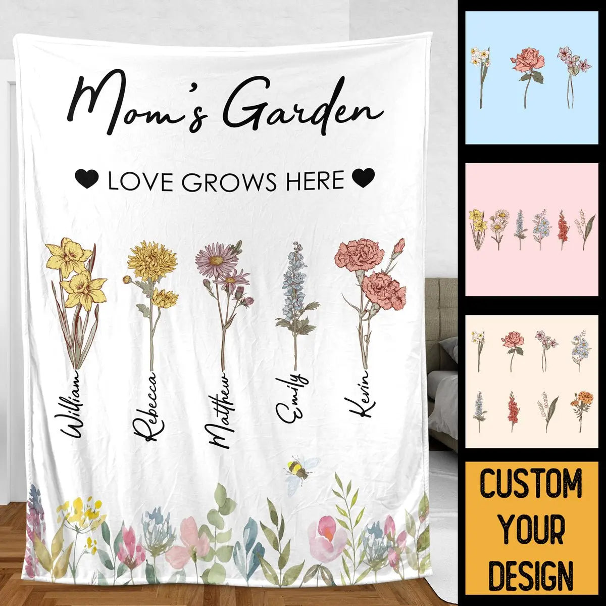 Personalized Gift Ideas For Mom, Grandma - Mom/Grandma's Garden Birth Month Flower Blanket Ezcustomize