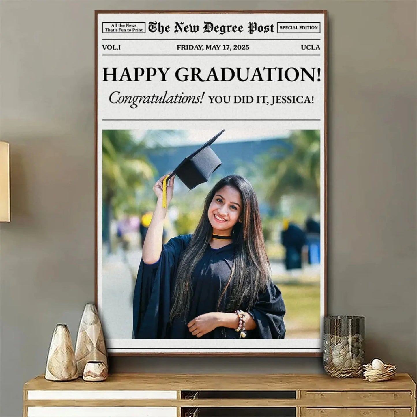 Personalized Graduation Newspaper Poster – Custom “New Degree Post” Gift for Students, Graduates, Class of 2024, Friends, Family Ezcustomize