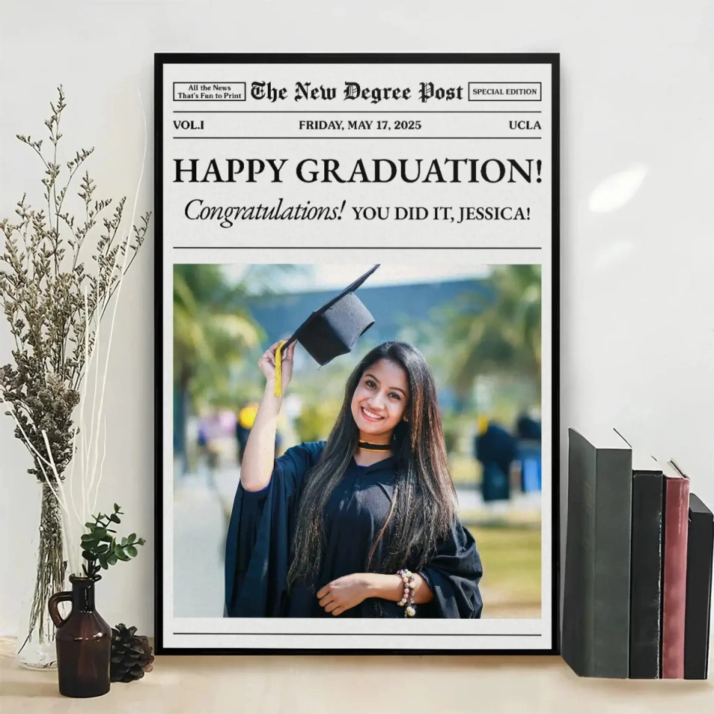 Personalized Graduation Newspaper Poster – Custom “New Degree Post” Gift for Students, Graduates, Class of 2024, Friends, Family Ezcustomize