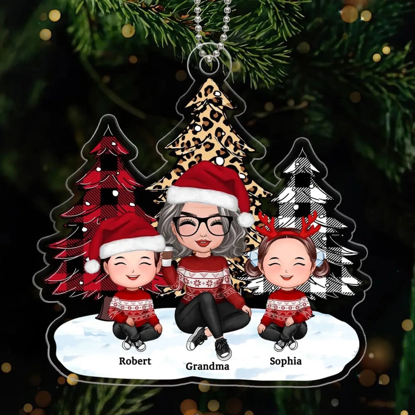 Personalized Grandma Christmas Ornament with Grandkids – Leopard and Checkered Tree Acrylic Keepsake Gift for Nana, Gigi, Mimi Ezcustomize