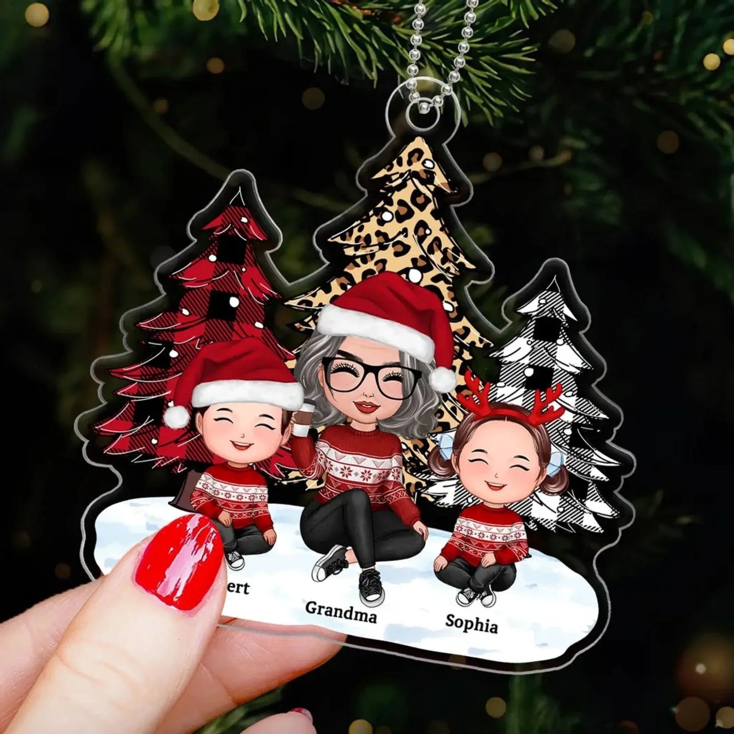 Personalized Grandma Christmas Ornament with Grandkids – Leopard and Checkered Tree Acrylic Keepsake Gift for Nana, Gigi, Mimi Ezcustomize