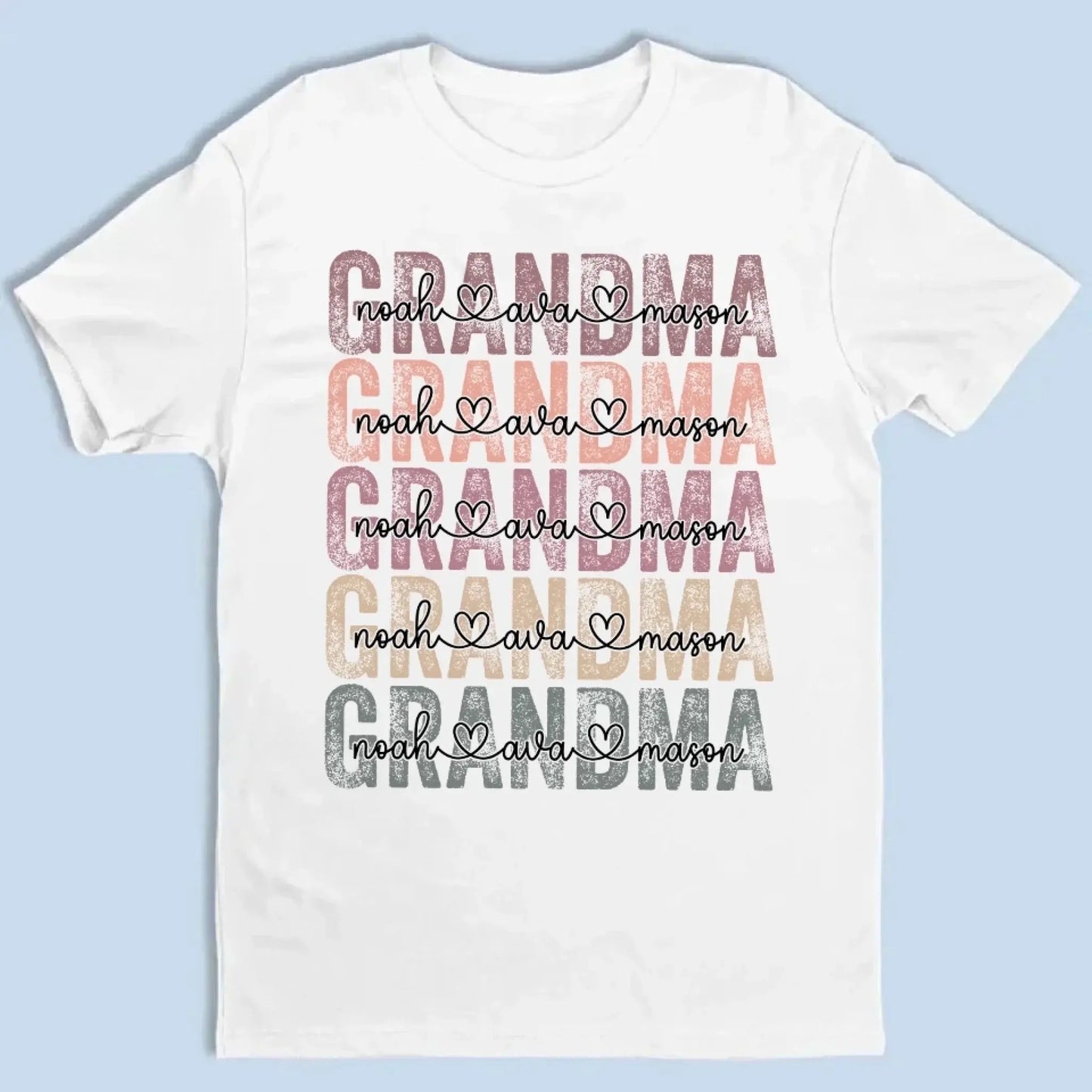 Personalized Grandma Shirt – Stacked Name Tee with Hearts, Custom Gift for Nana, Gigi, Mimi Ezcustomize