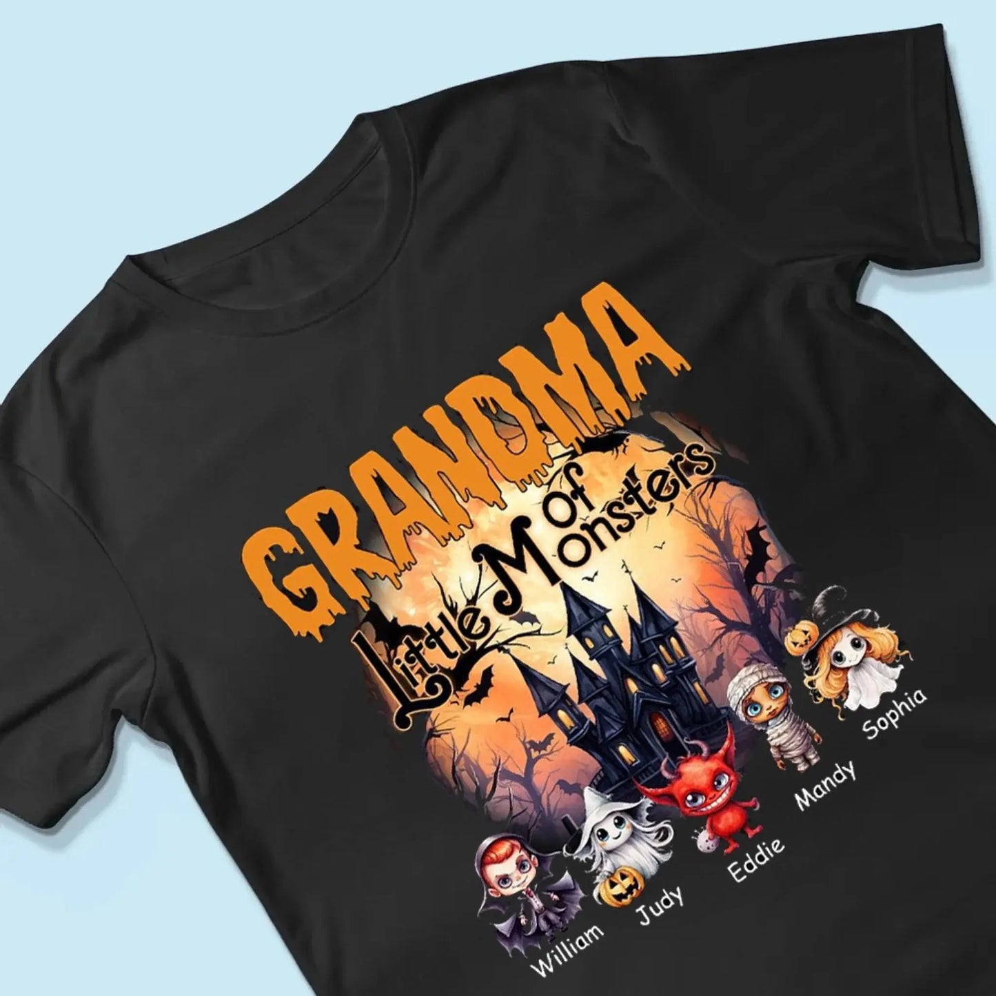 Personalized Grandma or Grandpa Halloween Shirt – Custom “Little Monsters” T-Shirt with Grandkids’ Names – Fun Spooky Gift for Grandparents Ezcustomize