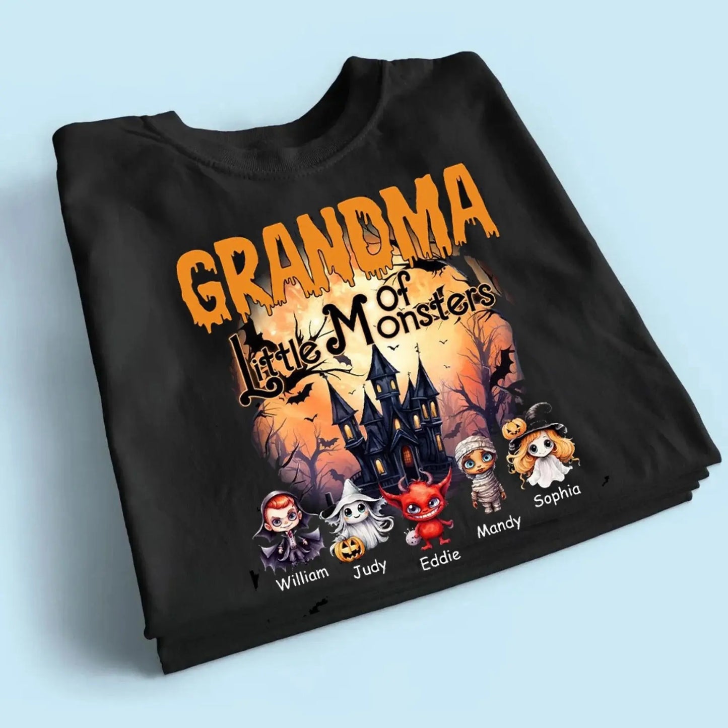 Personalized Grandma or Grandpa Halloween Shirt – Custom “Little Monsters” T-Shirt with Grandkids’ Names – Fun Spooky Gift for Grandparents Ezcustomize