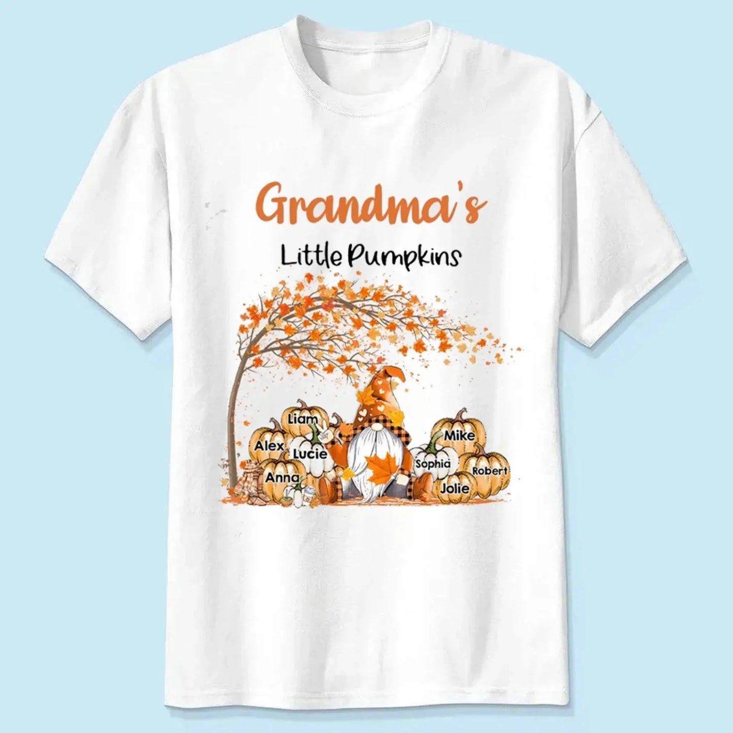 Personalized Grandma’s Little Pumpkins Shirt – Custom Fall T-Shirt with Grandkids’ Names – Cute Autumn Gift for Nana, Mimi, Mom, or Grandparent Ezcustomize