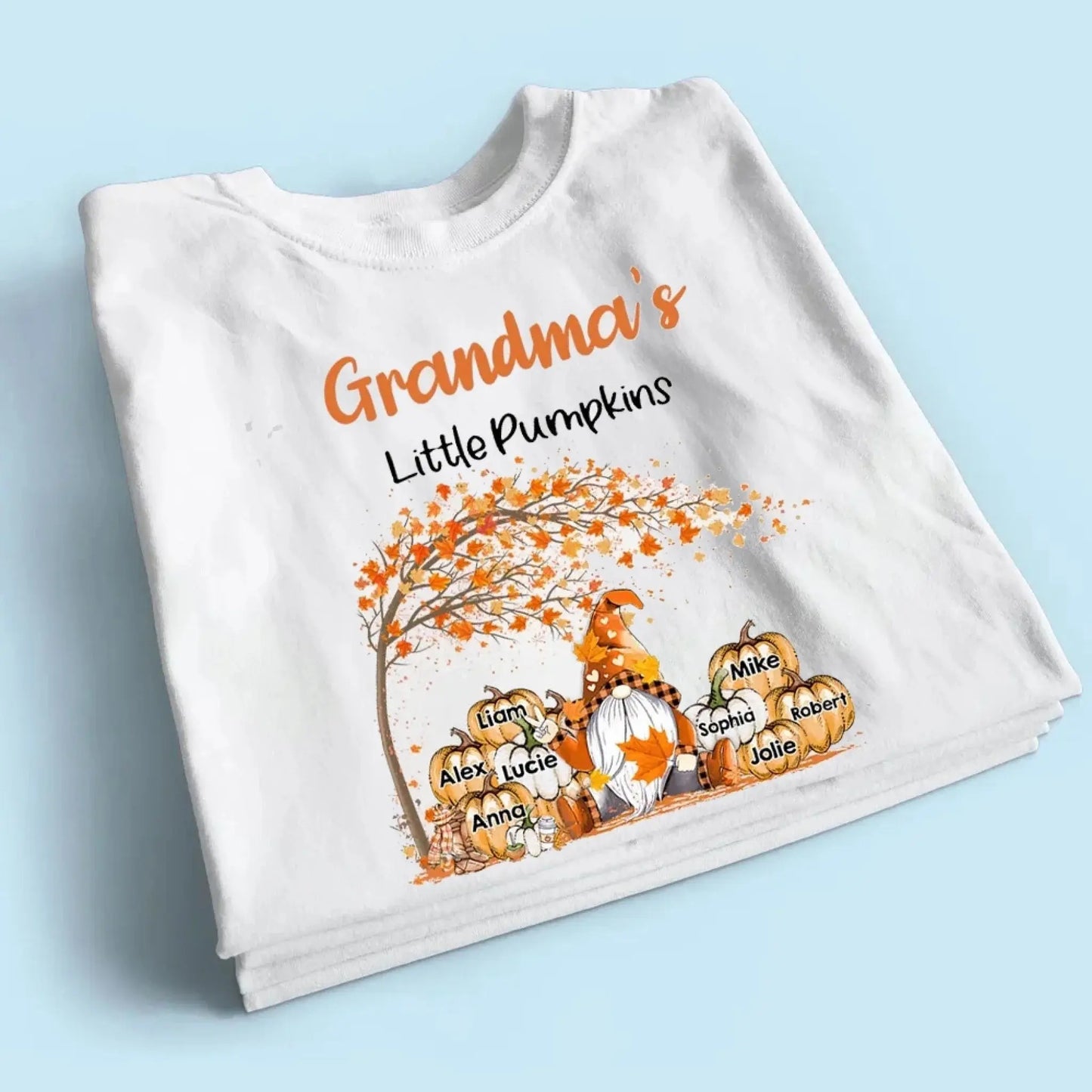 Personalized Grandma’s Little Pumpkins Shirt – Custom Fall T-Shirt with Grandkids’ Names – Cute Autumn Gift for Nana, Mimi, Mom, or Grandparent Ezcustomize