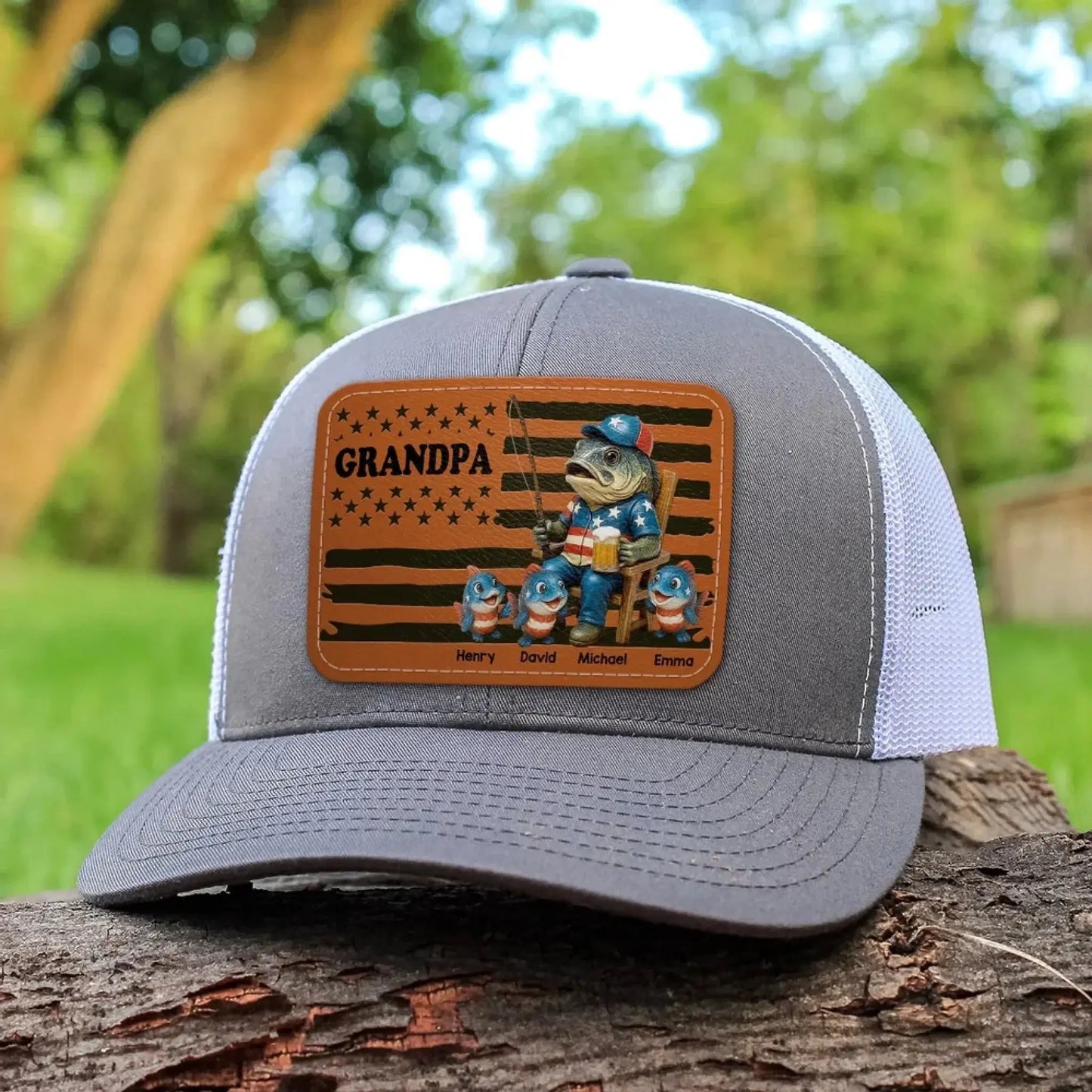 Personalized Hat with Nation Flag Design- Fishing Dad Leather Patch Hat – Custom Father’s Day Gift for Fisherman Dads Ezcustomize