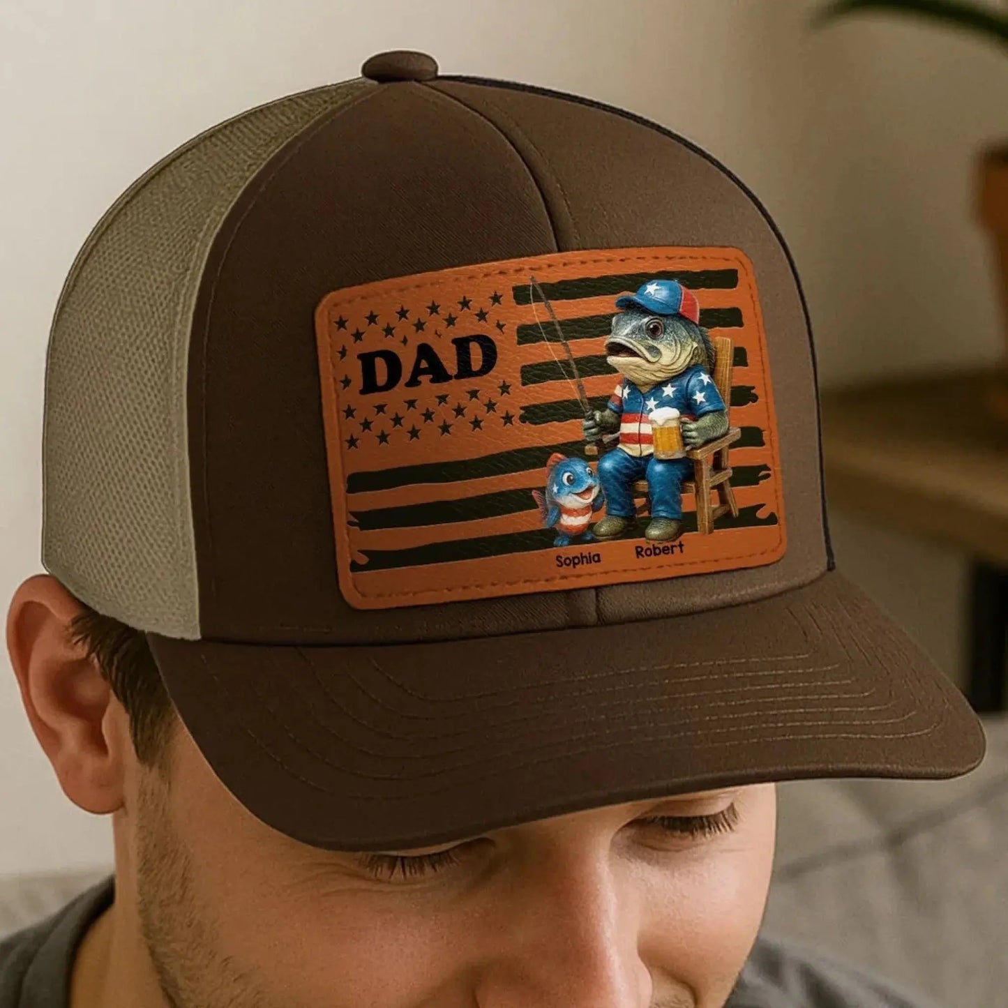 Personalized Hat with Nation Flag Design- Fishing Dad Leather Patch Hat – Custom Father’s Day Gift for Fisherman Dads Ezcustomize