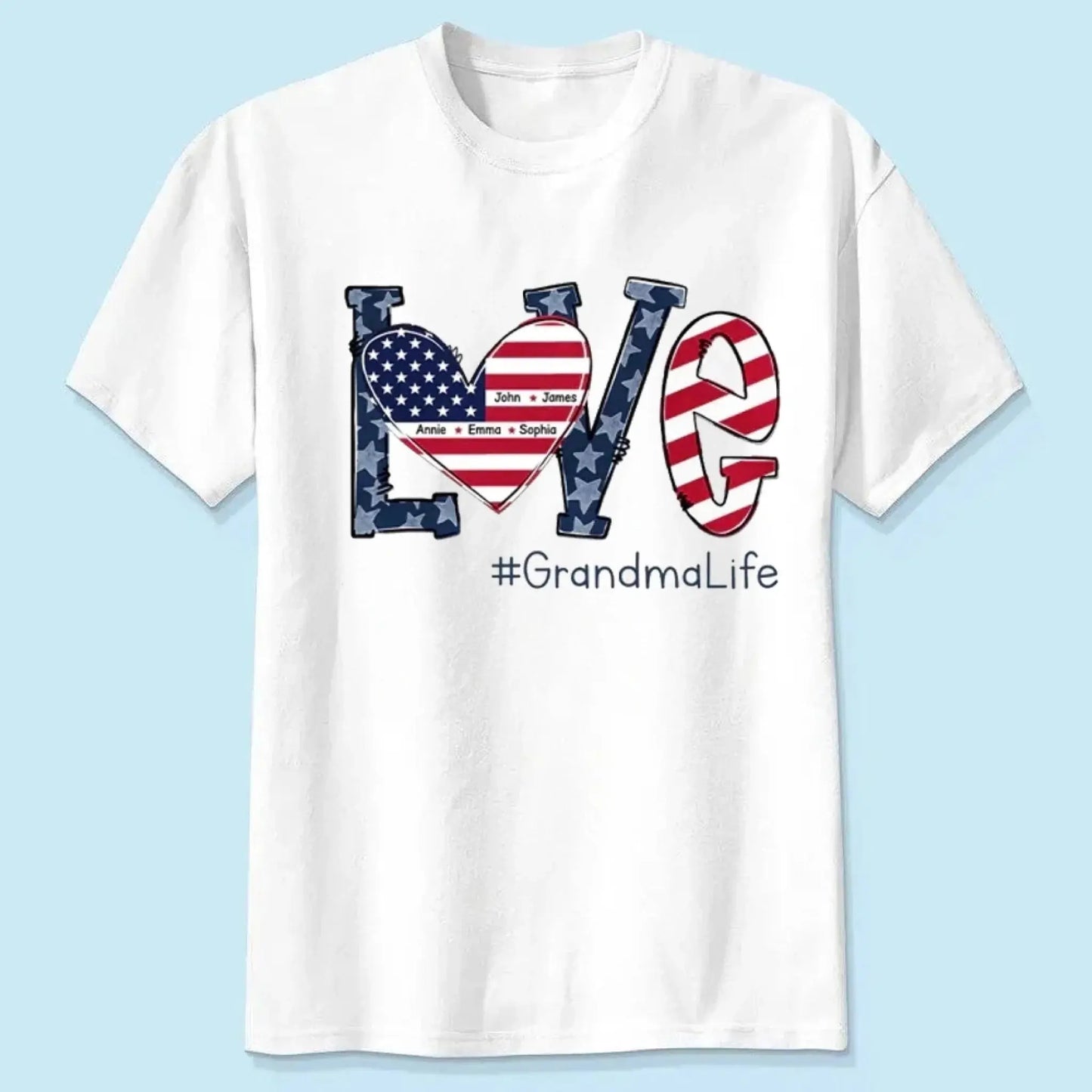 Personalized Love Shirt for Grandma – Custom 4th of July T-shirt with Grandkids’ Names – Patriotic Gift for Mom, Nana, Mimi Ezcustomize