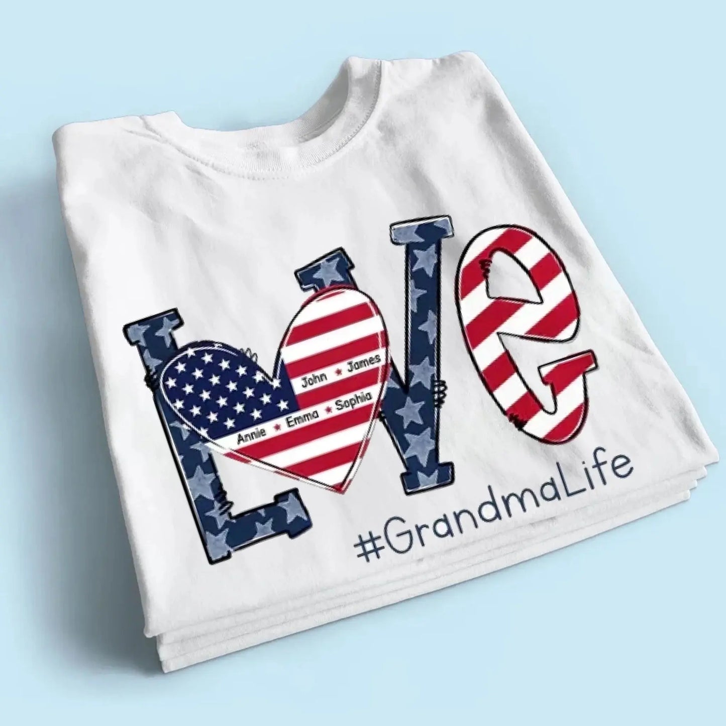 Personalized Love Shirt for Grandma – Custom 4th of July T-shirt with Grandkids’ Names – Patriotic Gift for Mom, Nana, Mimi Ezcustomize