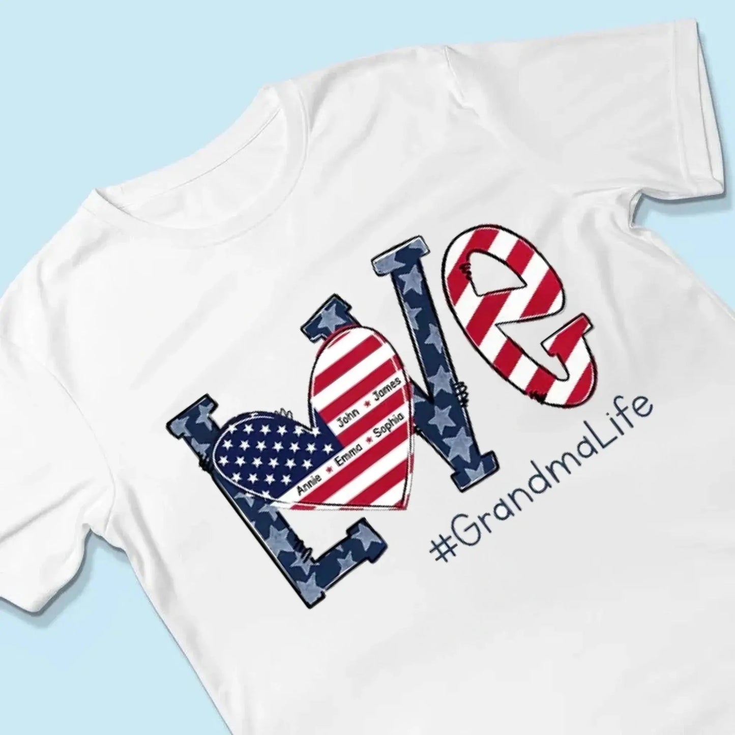 Personalized Love Shirt for Grandma – Custom 4th of July T-shirt with Grandkids’ Names – Patriotic Gift for Mom, Nana, Mimi Ezcustomize