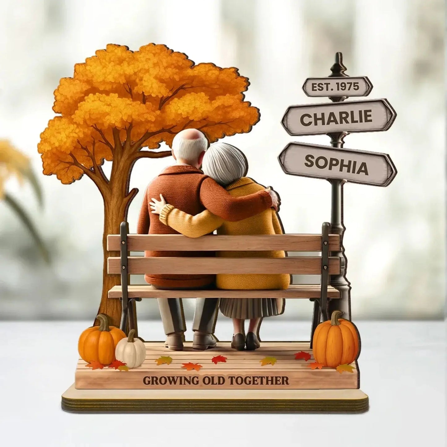 Personalized Old Couple Wooden Plaque – Fall Season Park Design, Custom Anniversary Gift, Growing Old Together Romantic Decor Ezcustomize