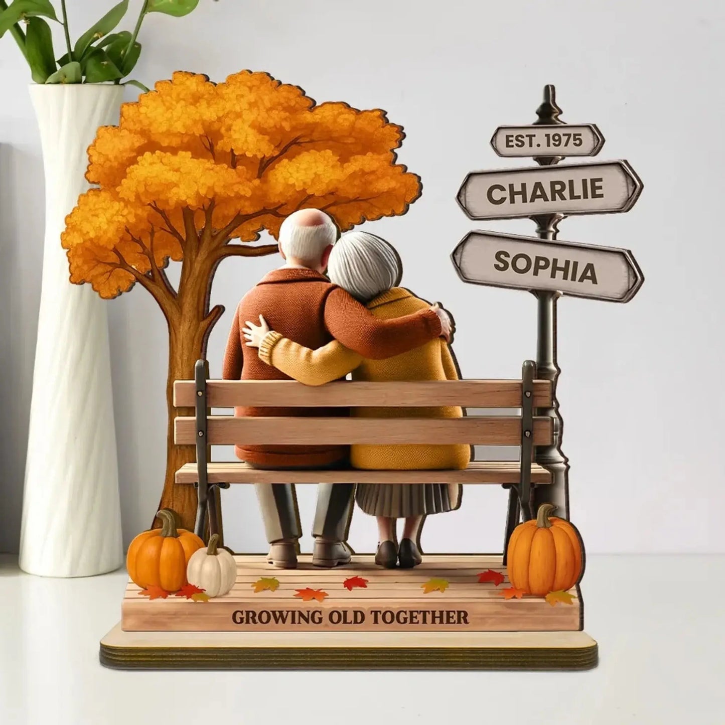 Personalized Old Couple Wooden Plaque – Fall Season Park Design, Custom Anniversary Gift, Growing Old Together Romantic Decor Ezcustomize