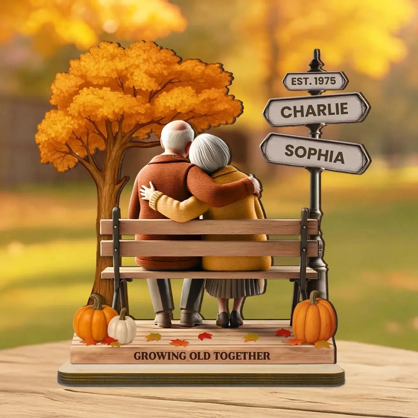 Personalized Old Couple Wooden Plaque – Fall Season Park Design, Custom Anniversary Gift, Growing Old Together Romantic Decor Ezcustomize