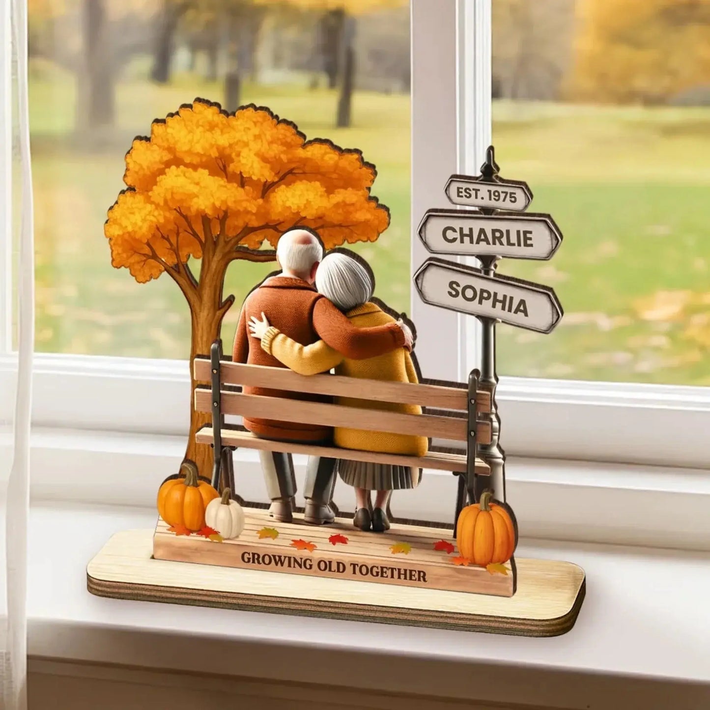 Personalized Old Couple Wooden Plaque – Fall Season Park Design, Custom Anniversary Gift, Growing Old Together Romantic Decor Ezcustomize
