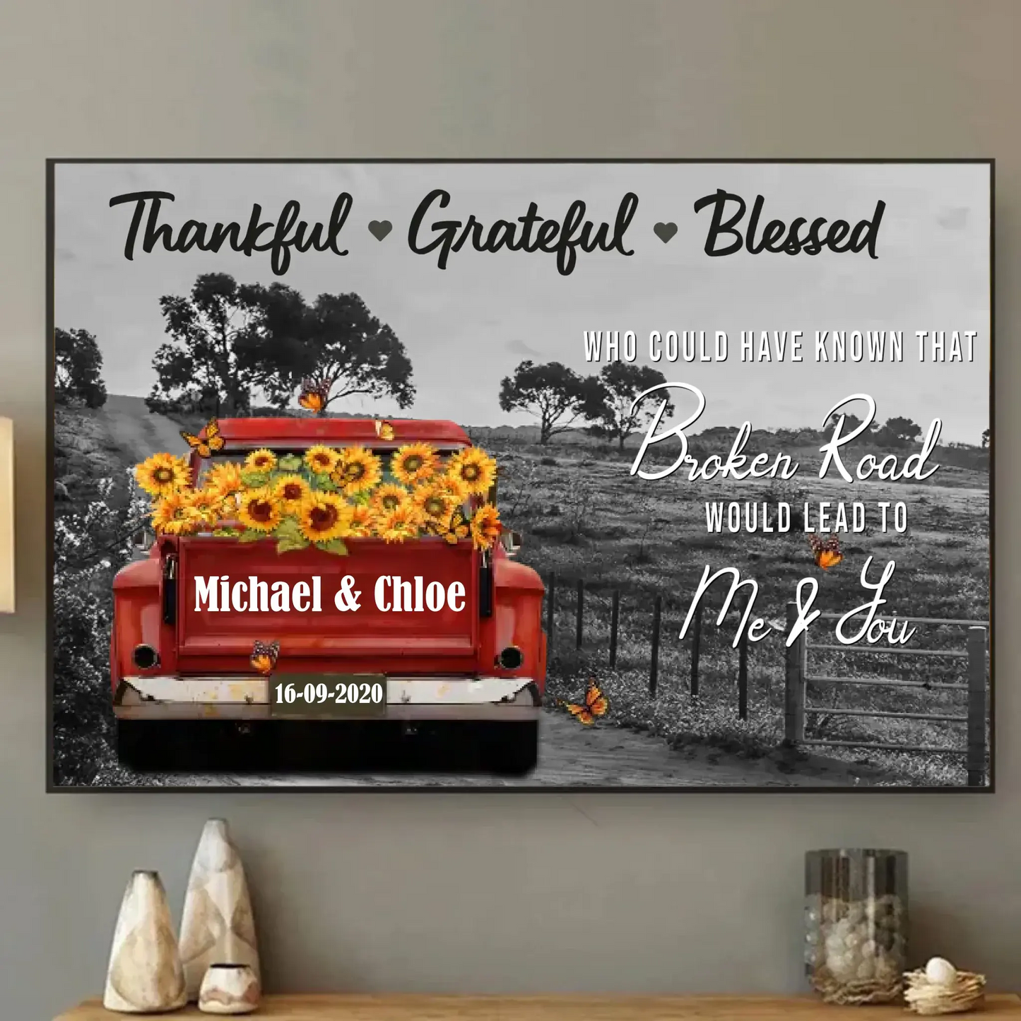 Personalized Sunflower Truck Canvas – Custom Name & Date Wall Art Gift for Couple, Anniversary, Wedding Ezcustomize
