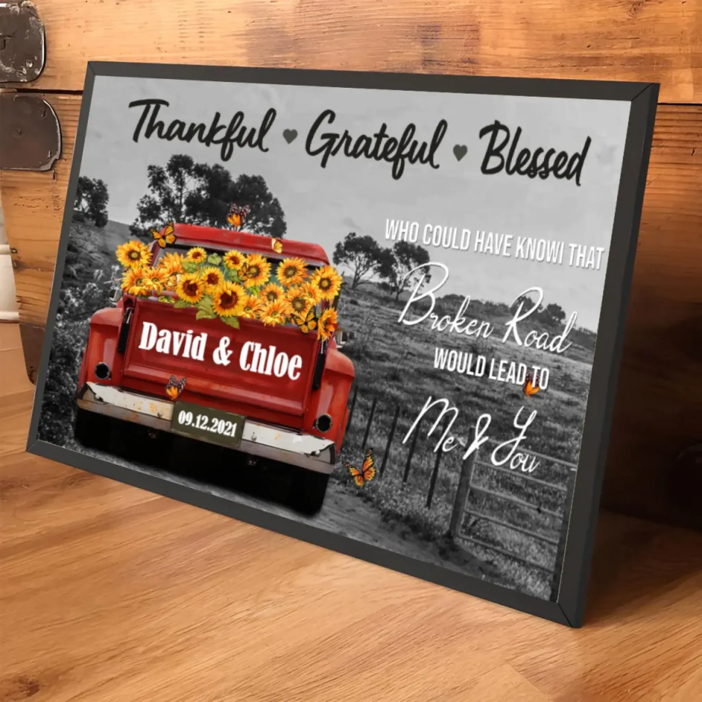 Personalized Sunflower Truck Canvas – Custom Name & Date Wall Art Gift for Couple, Anniversary, Wedding Ezcustomize