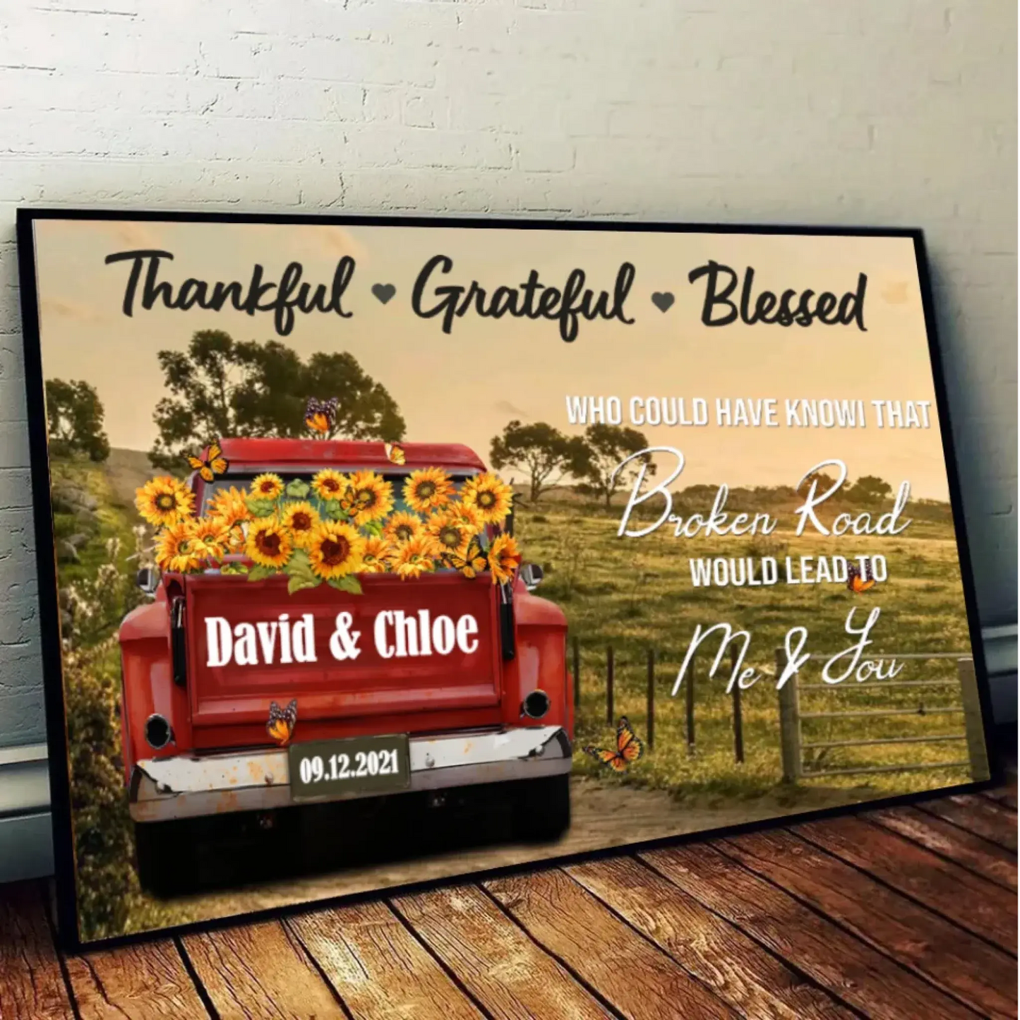 Personalized Sunflower Truck Canvas – Custom Name & Date Wall Art Gift for Couple, Anniversary, Wedding Ezcustomize