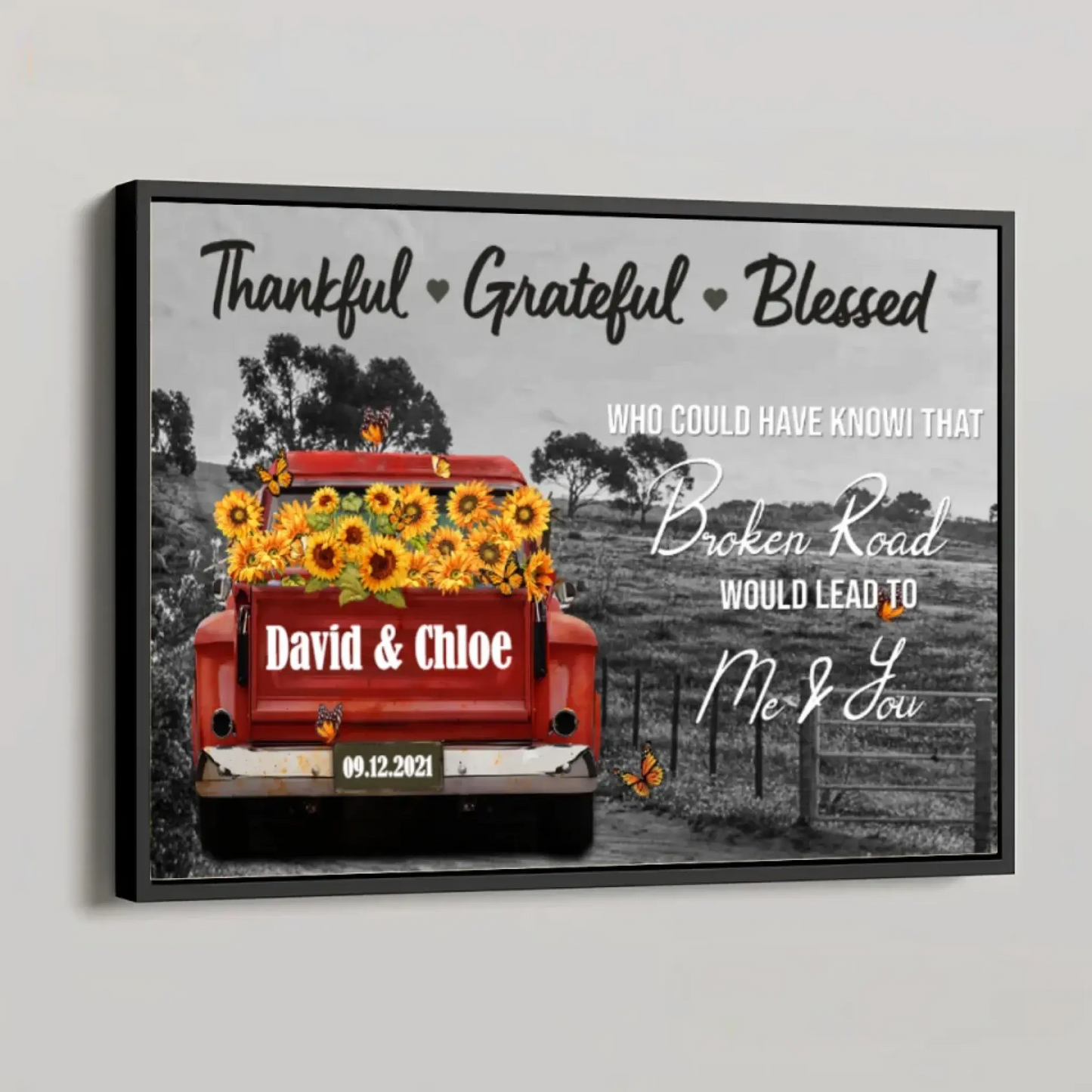 Personalized Sunflower Truck Canvas – Custom Name & Date Wall Art Gift for Couple, Anniversary, Wedding Ezcustomize