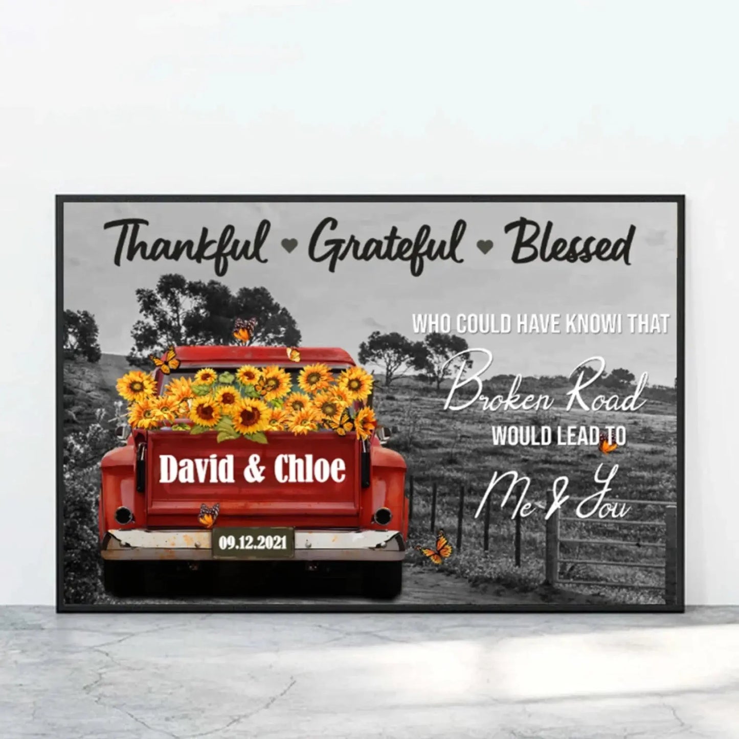 Personalized Sunflower Truck Canvas – Custom Name & Date Wall Art Gift for Couple, Anniversary, Wedding Ezcustomize