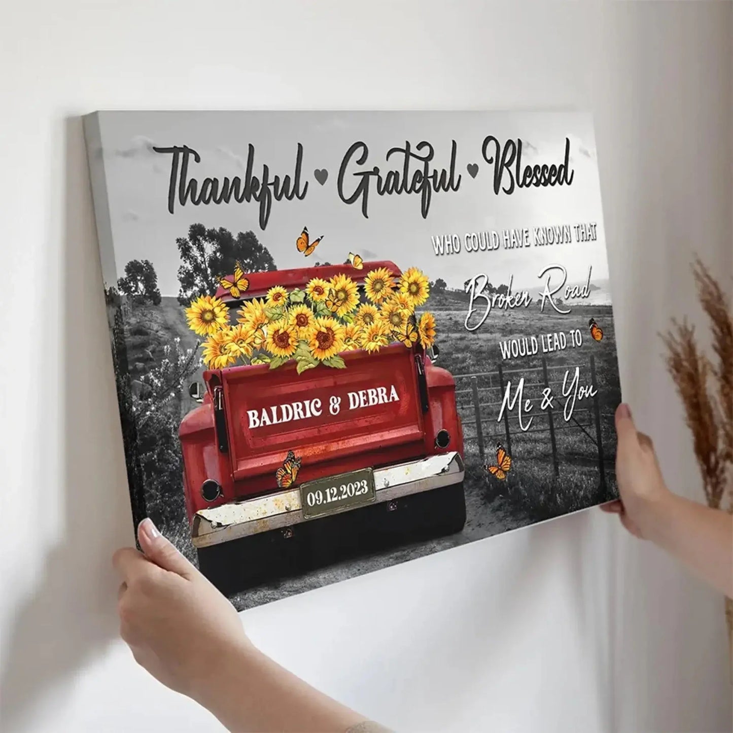 Personalized Sunflower Truck Canvas – Custom Name & Date Wall Art Gift for Couple, Anniversary, Wedding Ezcustomize