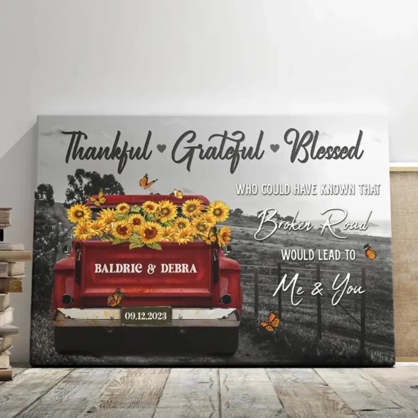 Personalized Sunflower Truck Canvas – Custom Name & Date Wall Art Gift for Couple, Anniversary, Wedding Ezcustomize