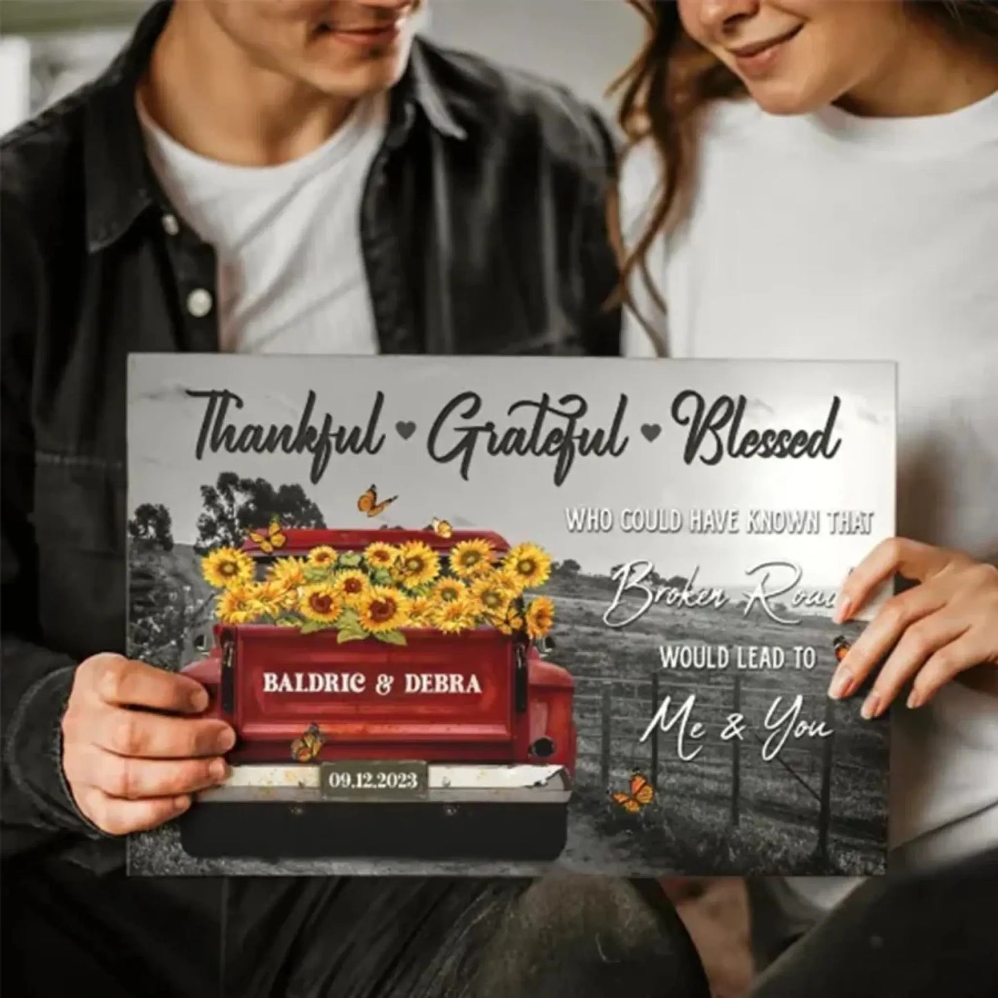 Personalized Sunflower Truck Canvas – Custom Name & Date Wall Art Gift for Couple, Anniversary, Wedding Ezcustomize