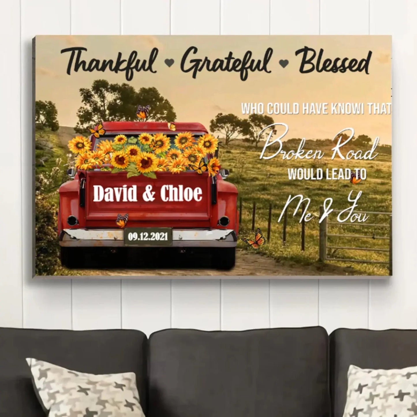 Personalized Sunflower Truck Canvas – Custom Name & Date Wall Art Gift for Couple, Anniversary, Wedding Ezcustomize