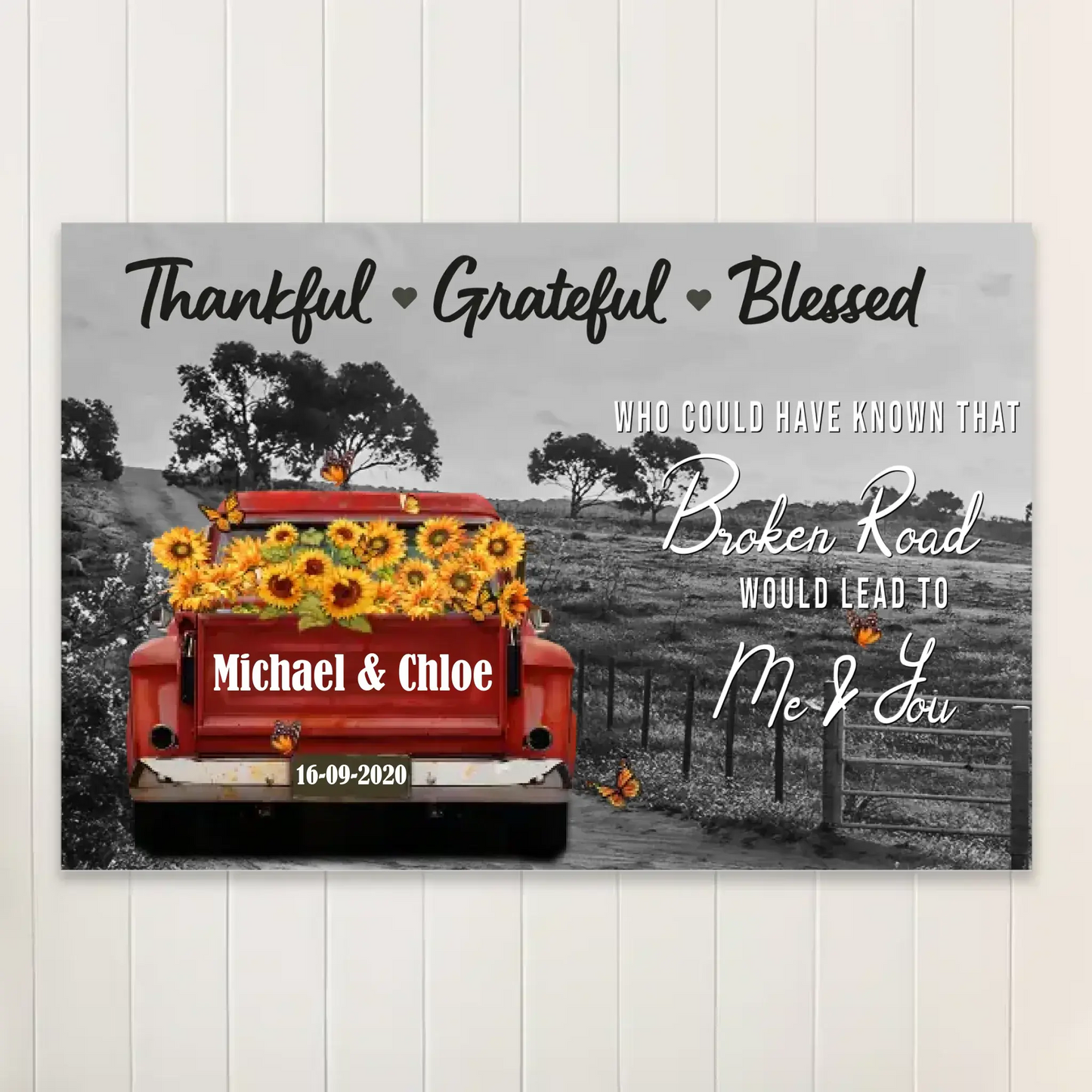 Personalized Sunflower Truck Canvas – Custom Name & Date Wall Art Gift for Couple, Anniversary, Wedding Ezcustomize