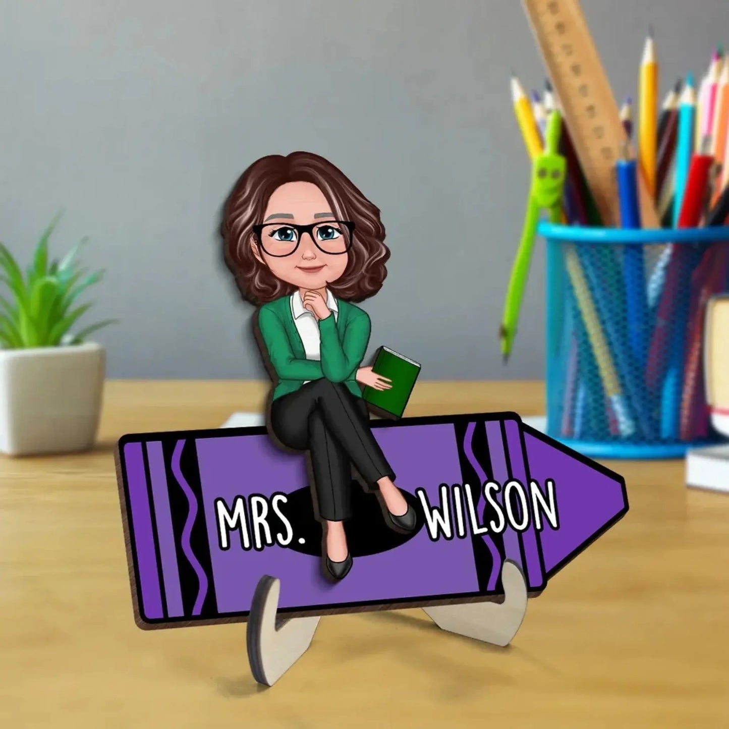 Personalized Teacher Crayon Plaque – Doll Character Sitting on Crayon, Back to School Wooden Desk Sign Gift Ezcustomize
