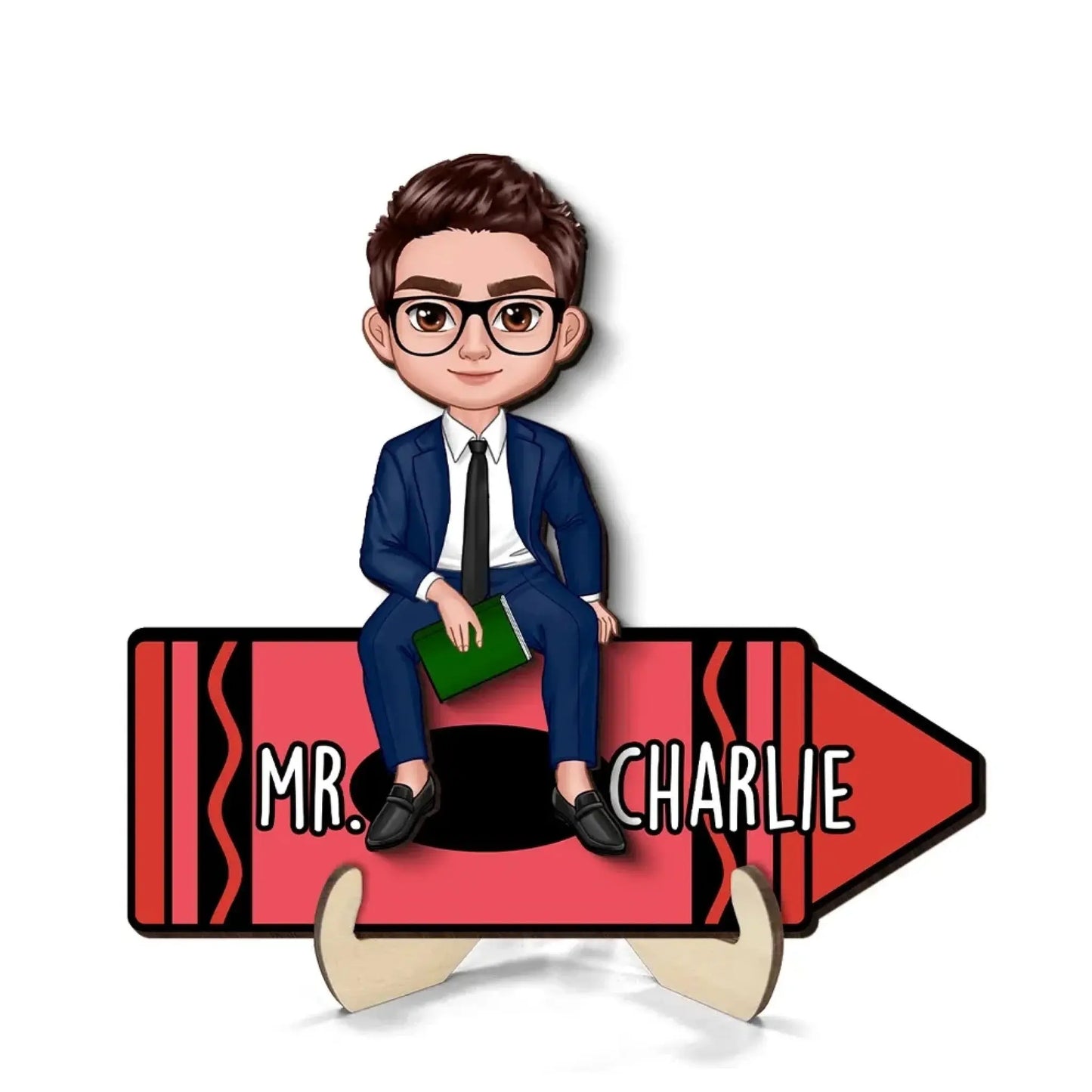 Personalized Teacher Crayon Plaque – Doll Character Sitting on Crayon, Back to School Wooden Desk Sign Gift Ezcustomize