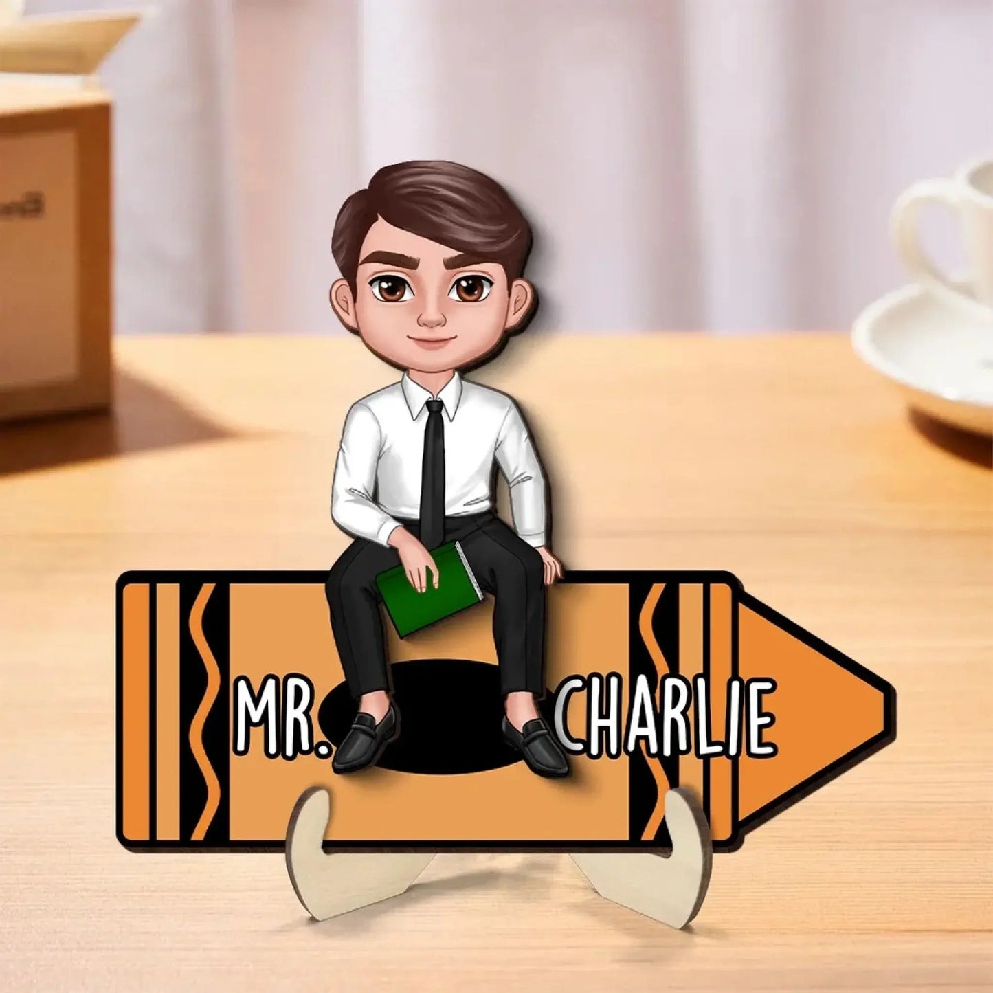 Personalized Teacher Crayon Plaque – Doll Character Sitting on Crayon, Back to School Wooden Desk Sign Gift Ezcustomize