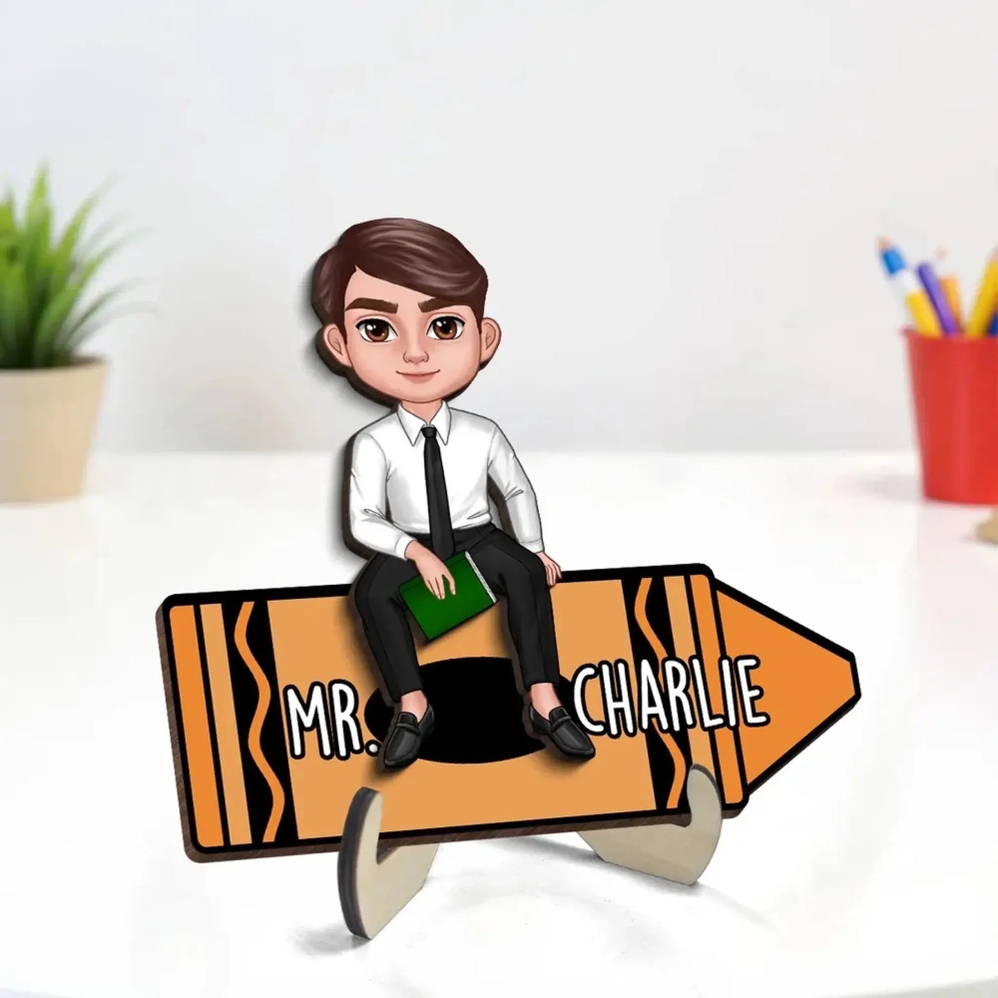 Personalized Teacher Crayon Plaque – Doll Character Sitting on Crayon, Back to School Wooden Desk Sign Gift Ezcustomize