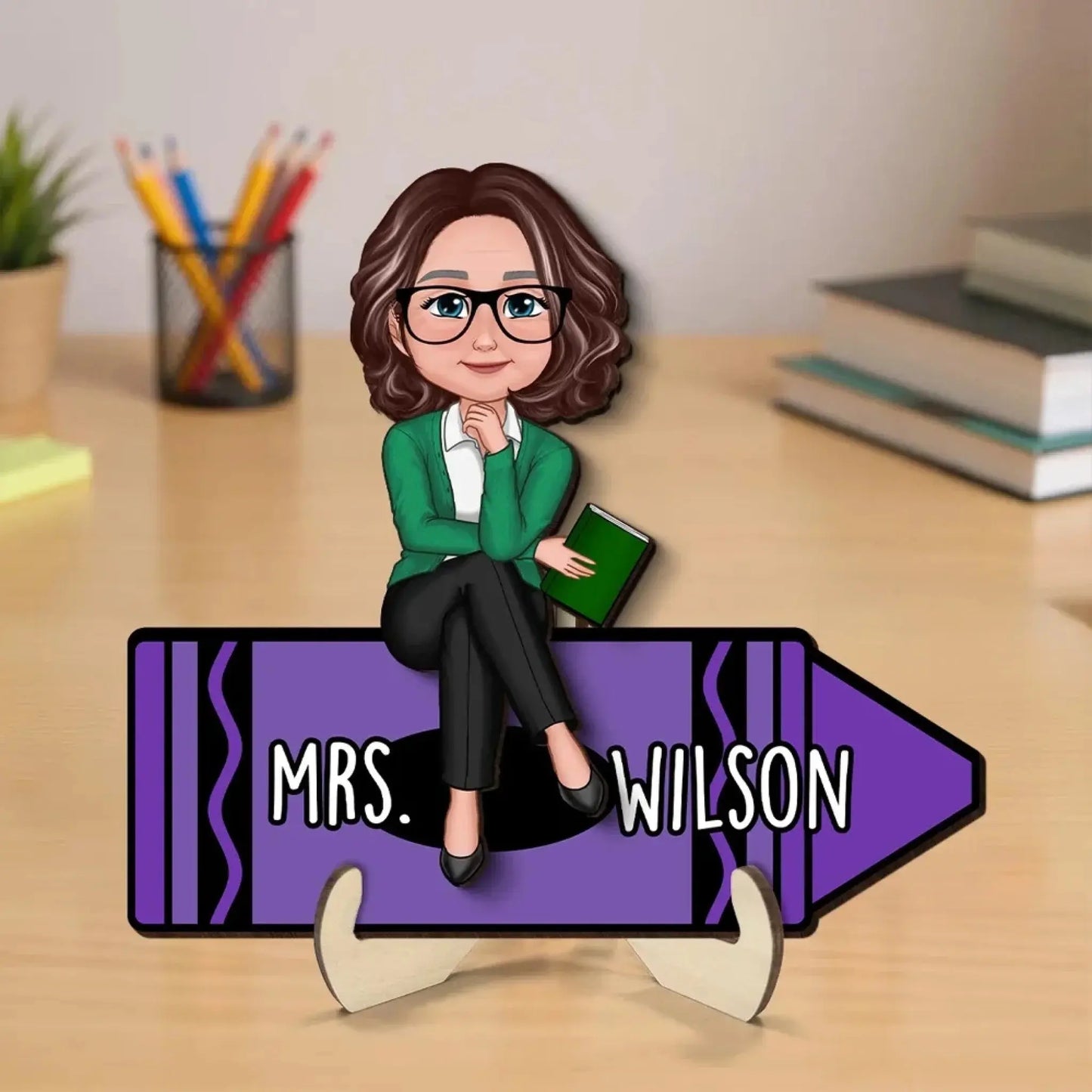 Personalized Teacher Crayon Plaque – Doll Character Sitting on Crayon, Back to School Wooden Desk Sign Gift Ezcustomize