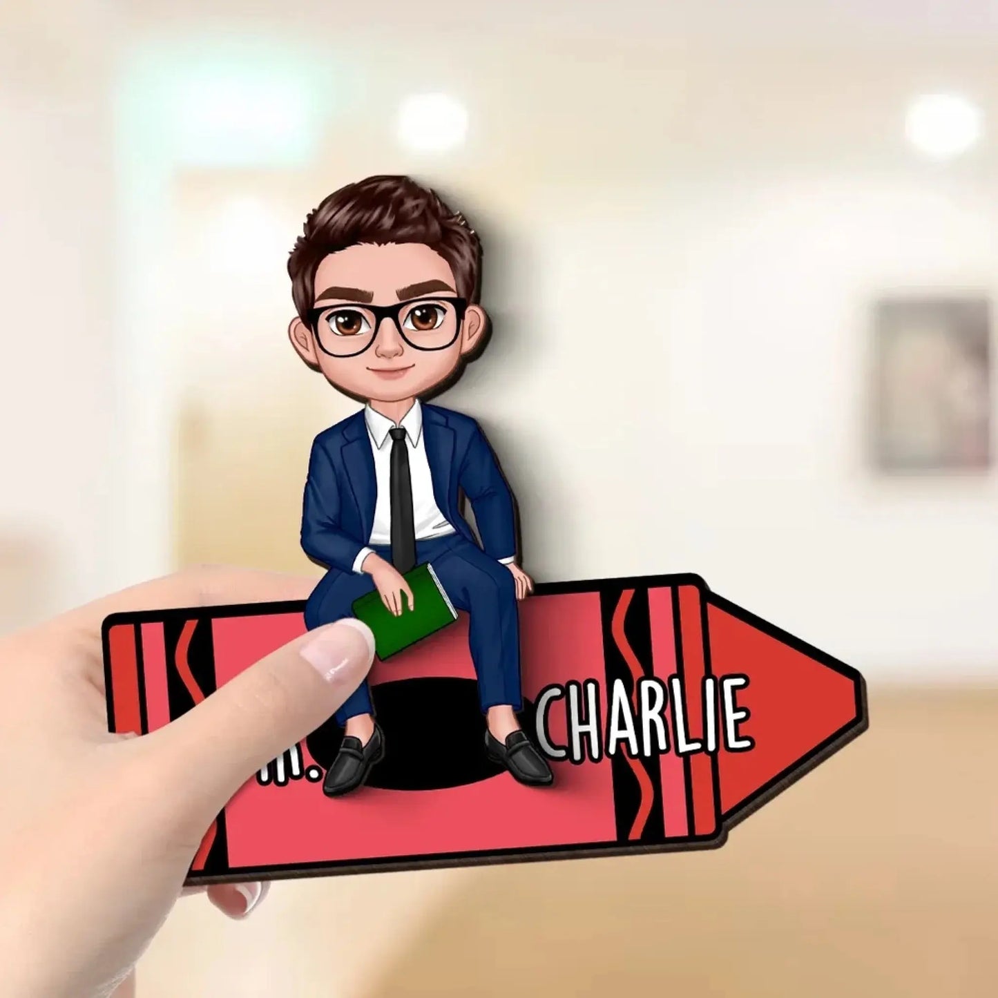 Personalized Teacher Crayon Plaque – Doll Character Sitting on Crayon, Back to School Wooden Desk Sign Gift Ezcustomize