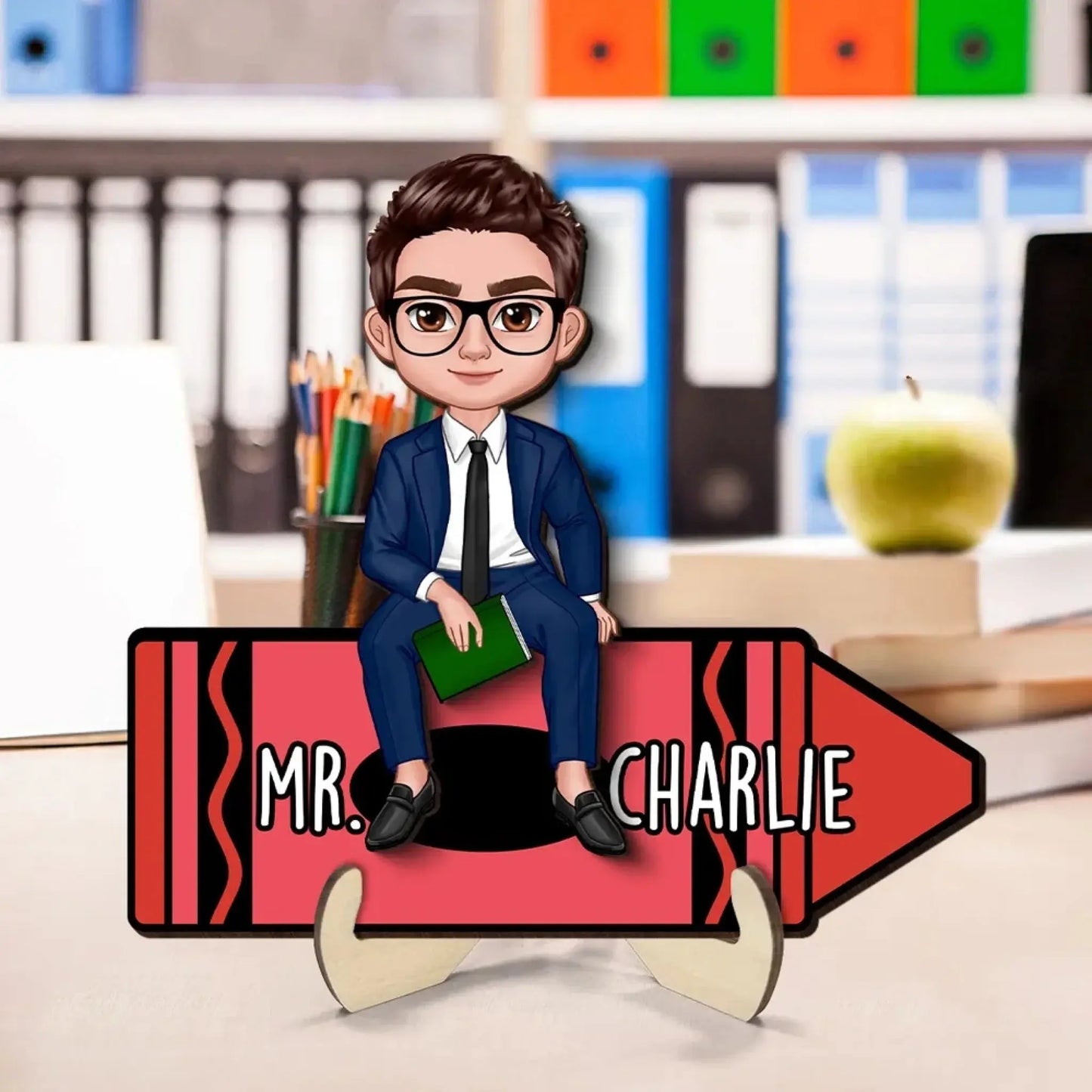 Personalized Teacher Crayon Plaque – Doll Character Sitting on Crayon, Back to School Wooden Desk Sign Gift Ezcustomize