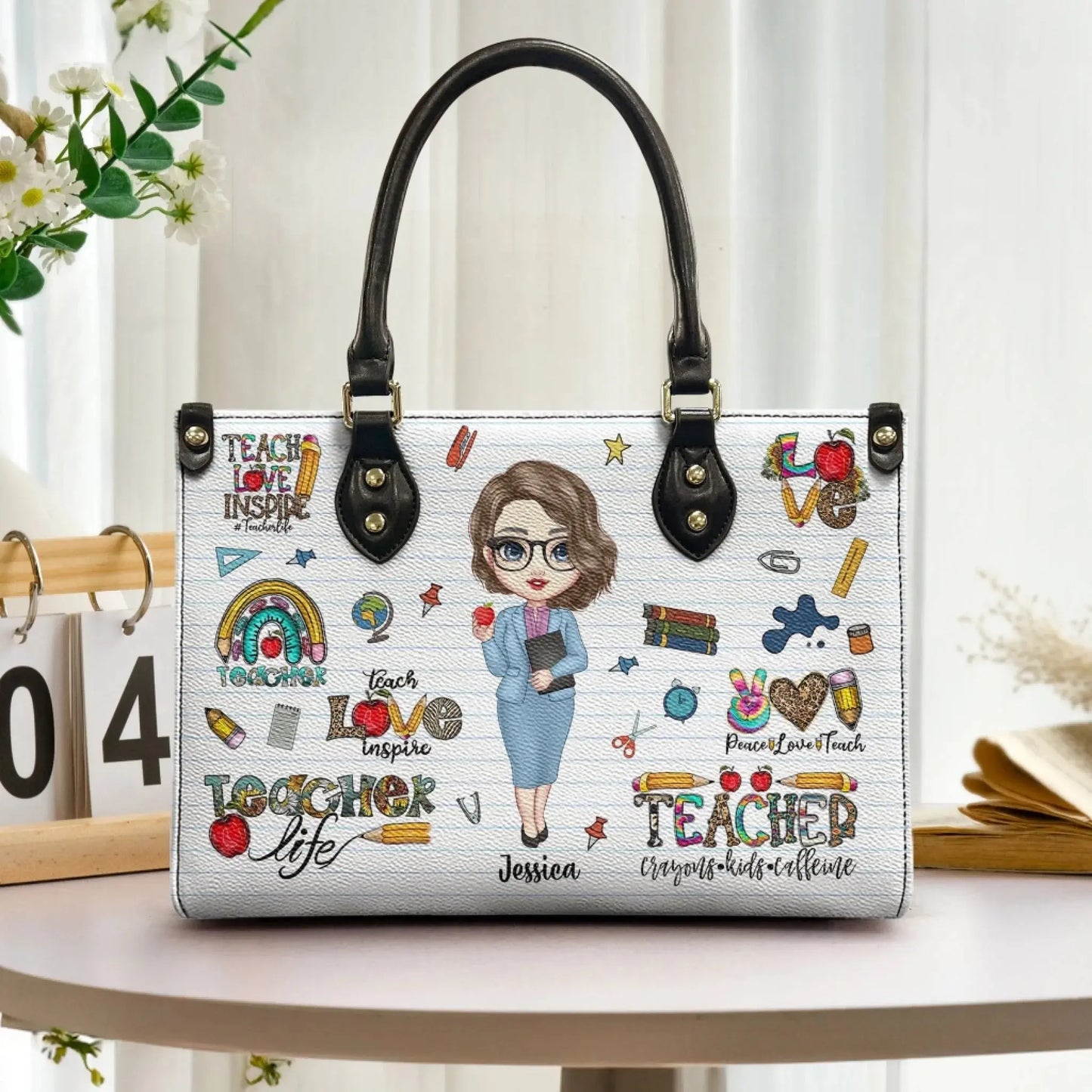 Personalized Teacher Life Leather Handbag – Custom PU Bag with Name & Character – Back to School Gift for Women, Teachers Ezcustomize