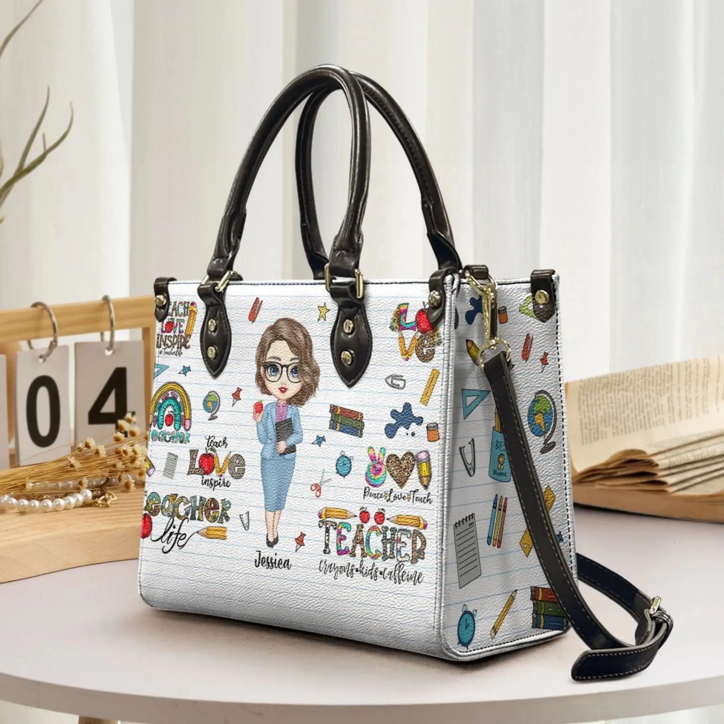 Personalized Teacher Life Leather Handbag – Custom PU Bag with Name & Character – Back to School Gift for Women, Teachers Ezcustomize